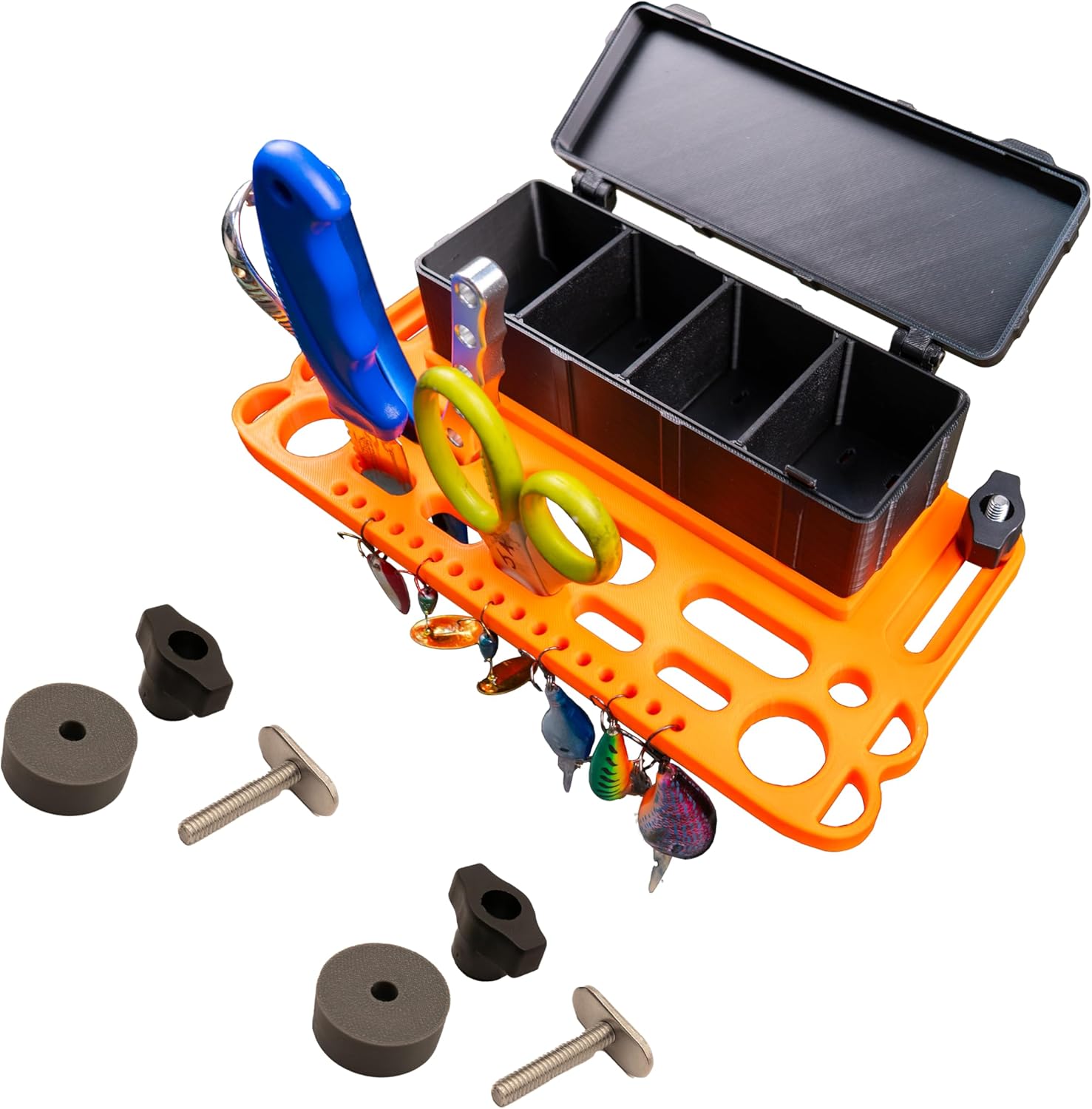 Kayak Fishing Tool & Tackle Box Holder – T-Track Rail Mount – Removable Storage Box – No Drill – Fits YakAttack, Hobie & Standard Rails – 316 Marine Stainless – Made in USA