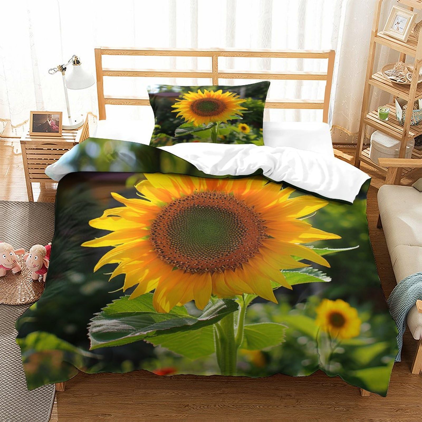 P1S9U7W5Y 3D Printed Sunflower Floral Pattern Duvet Cover Set 3pcs Microfiber Sunflower Bedding Set Single（135x200cm）