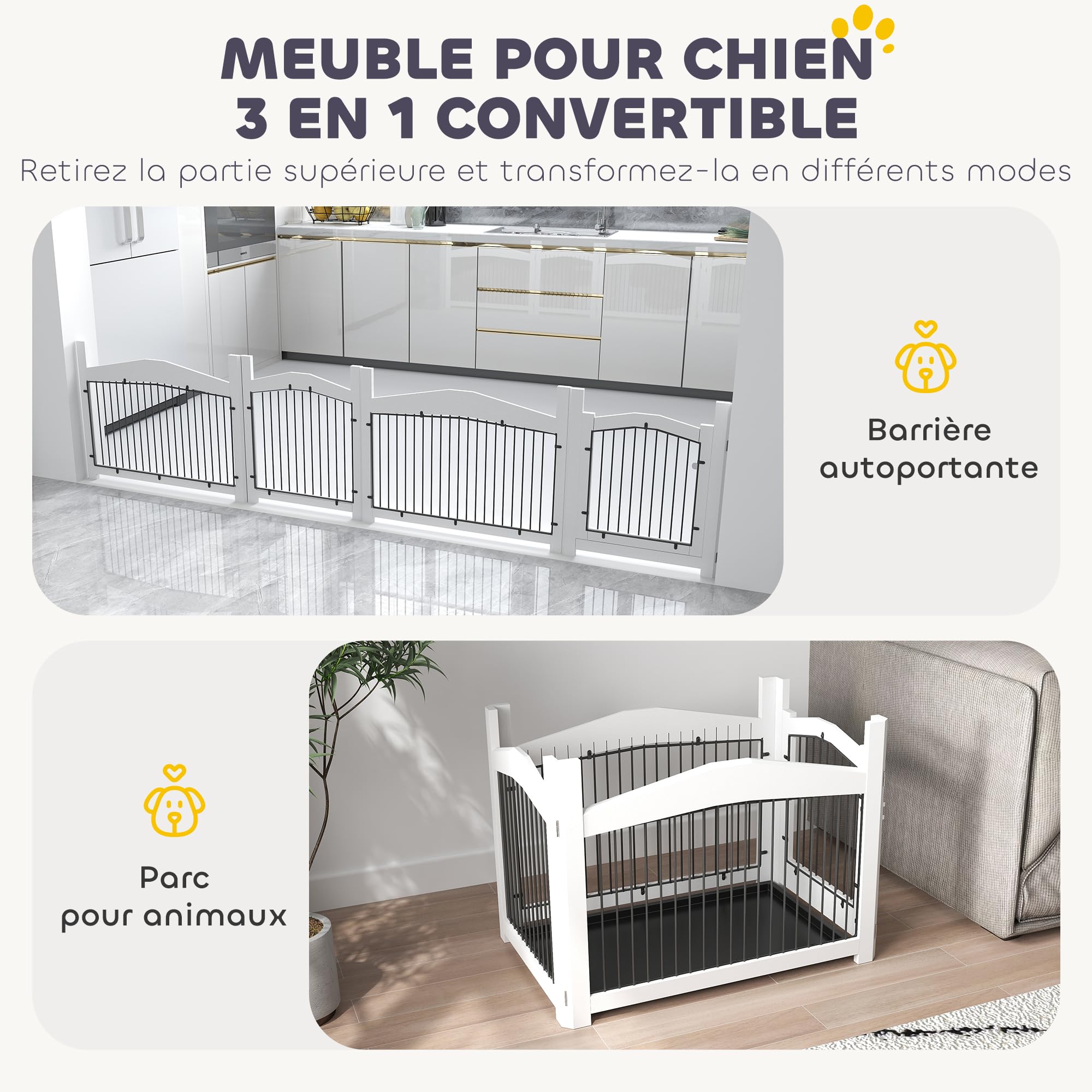 PawHut Cage pour Chien 3 en 1, Table d'appoint, Meuble Cage Chien intérieur, avec Plateau Amovible, pour Animal de Taille Moyenne, 82,5 x 57,5 ​​x 59,5 cm, Blanc