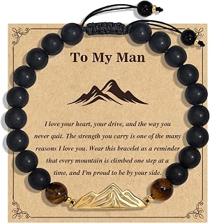 MIMISSMIANYC Inspirational Bracelet Gifts for Men - Anniversary Graduation Birthday Gifts for Men, Natural Tiger Eye Stone Obsidian Beaded 14K Gold Plated Mountain Charm Bracelets