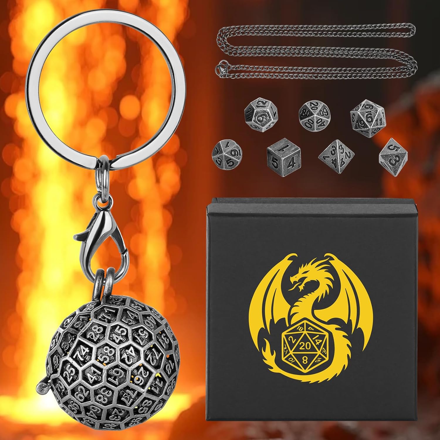Keller & Weber Mini DND Dice Set with Spherical 100-Sides Metal Cage Portable Keychain Necklace, Tiny 7pcs Polyhedral D&D Dice Set, DND Gifts with Gift Box, D&D Accessories for RPG, Dark Silver