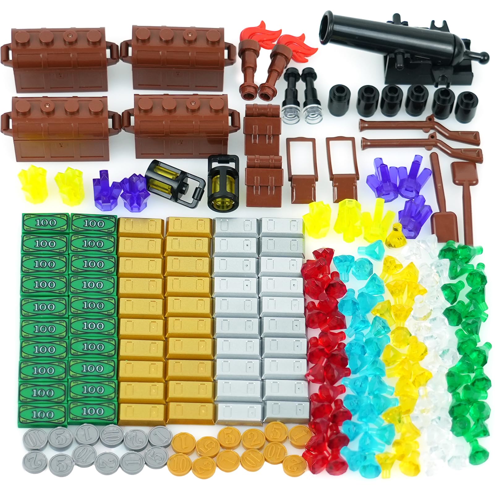 Pirates Treasure Chest Money Dollars, Silver Golden Bar Gems Crystals Bag Torch Cannon Bricks Accessories Pack, Building Blocks Toys-image-27
