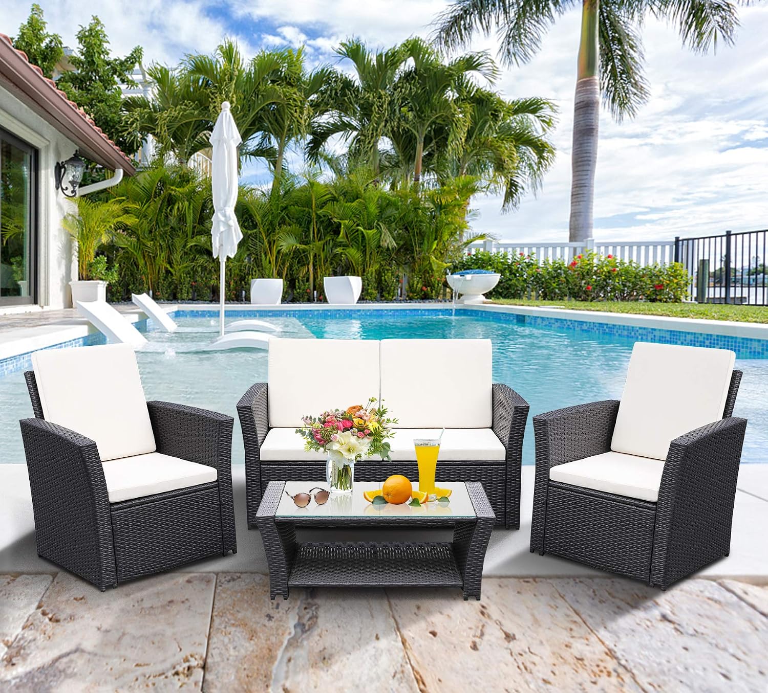 TUSY 5pcs Outdoor Patio Furniture Sets, High Back Rattan Chair Sectional Sofa and Coffee Table, Backyard Pool Garden Furniture Set, Beige Cushions