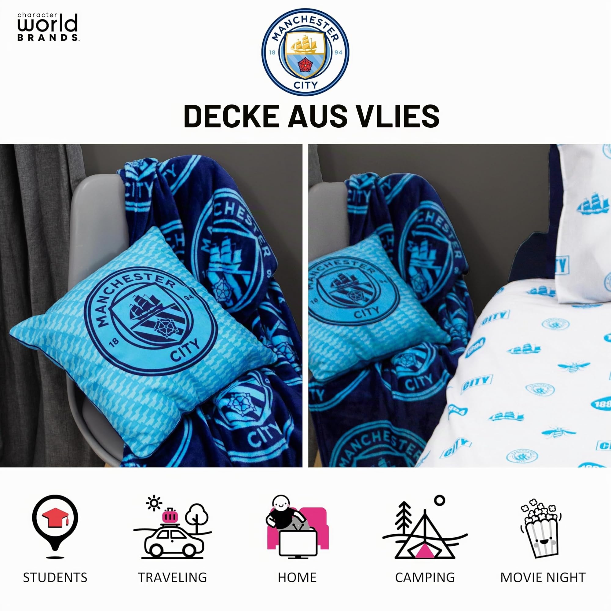 Manchester City FC Character World Offizielle Fleecedecke | Superweich, Fußballwappen-Design | Warmer, superweicher, Blauer Überwurf