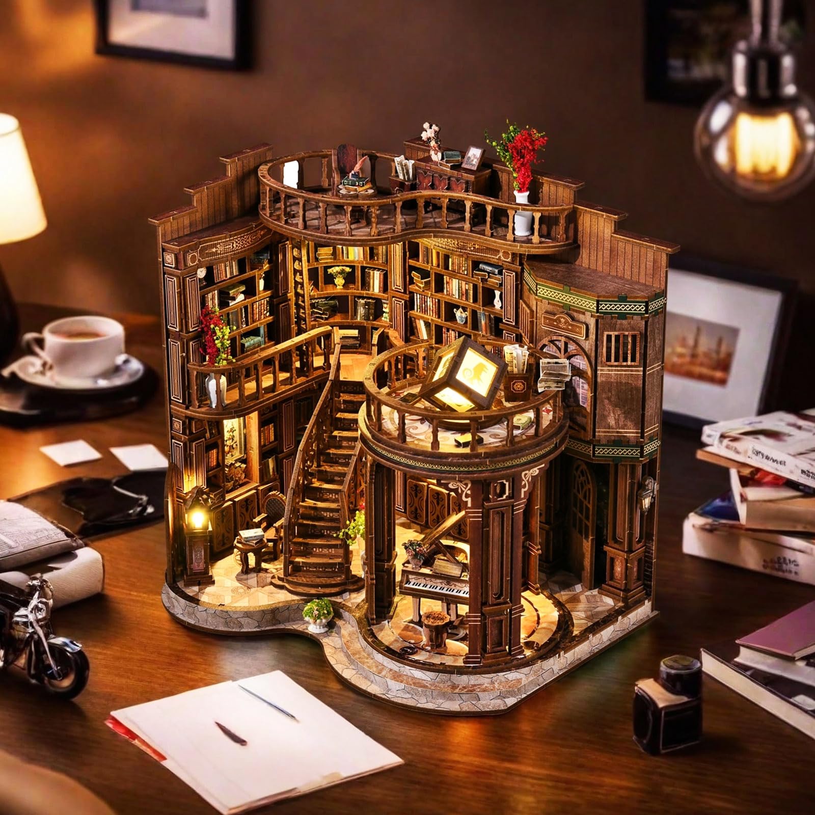 Casa Delle Bambole Kit, 3D in Legno Modellismo da Costruire con Luce Led, Casa in Miniatura DIY per Adulti, Regali Creativi Artigianali di Natale per il Compleanno (Sala dei libri da sogno)