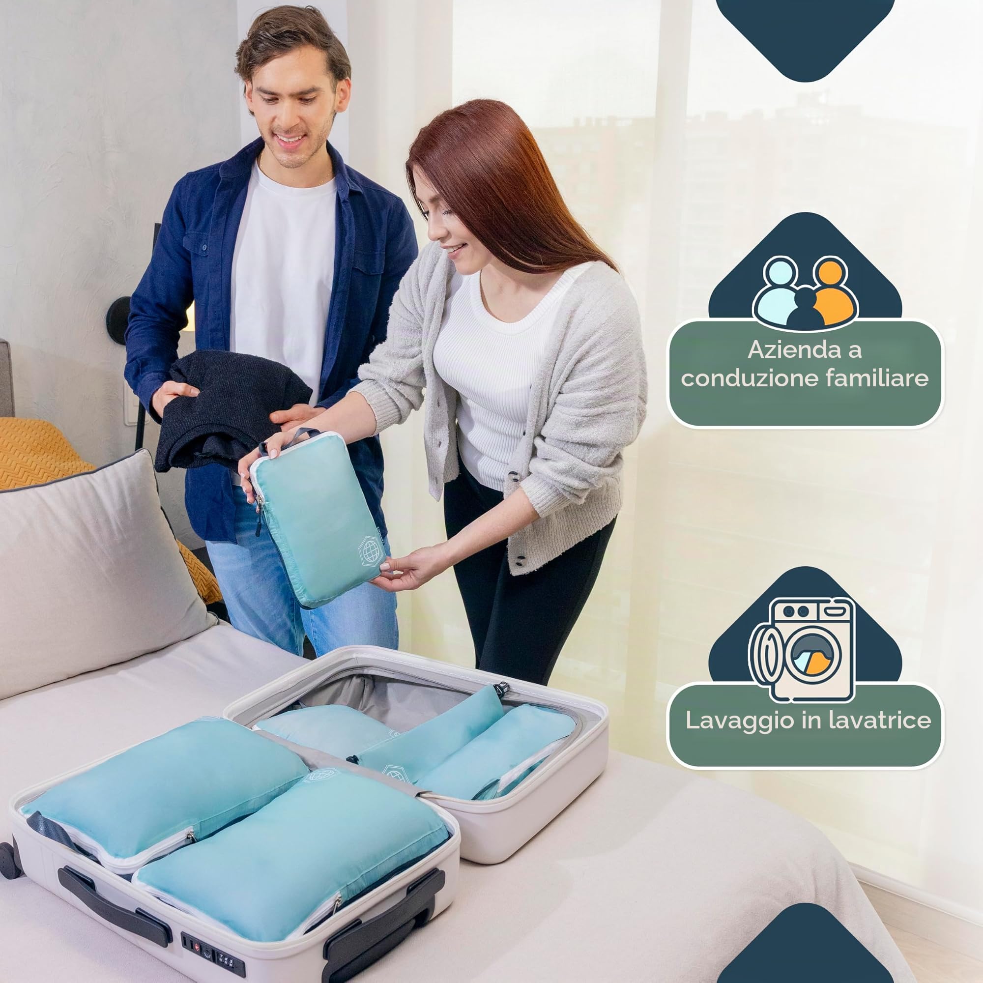 TRIPPED Travel Gear - Set di 7 cubi da imballaggio grandi per bagagli a compressione, ultra leggeri, espandibili, sacchetti a compressione per vestiti di TRIPPED Travel Gear (DustyTeal/bianco)