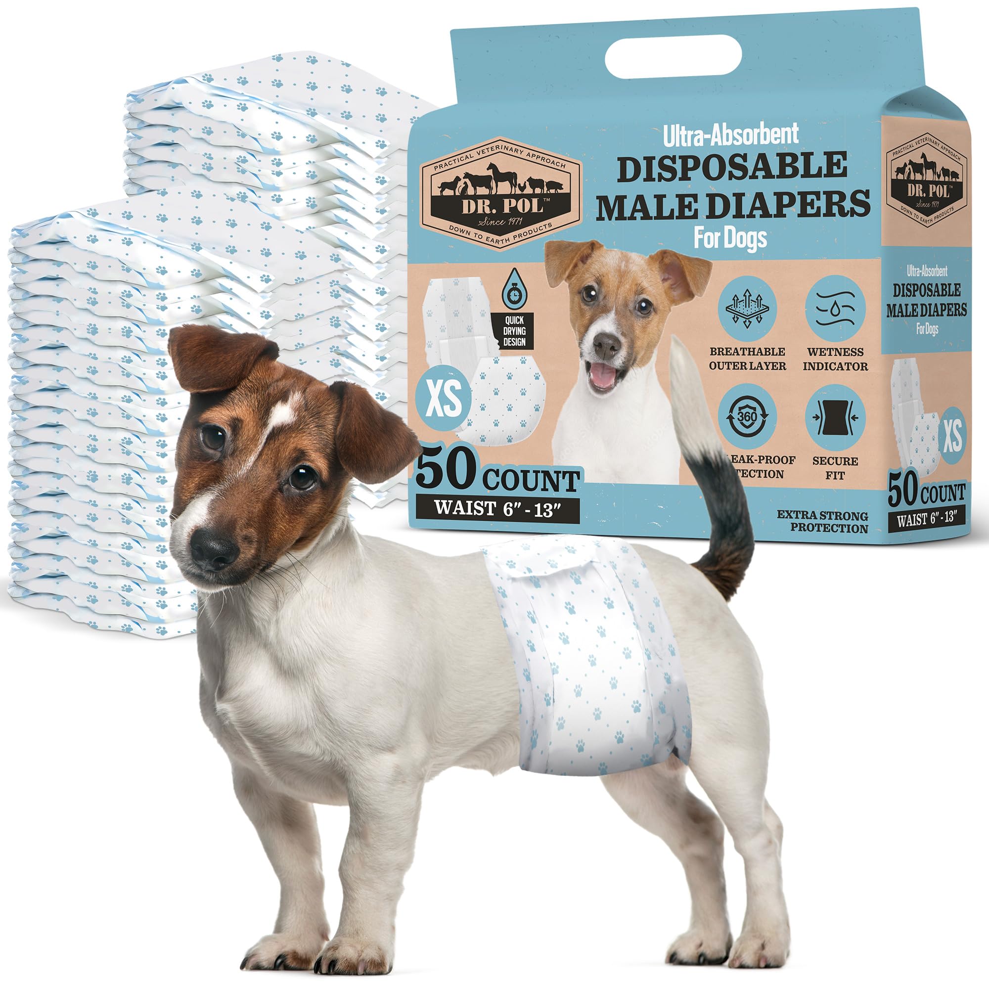 Dr. Pol Pañales para Perros machos, superabsorbentes, Transpirables, a Prueba de Fugas, con indicador de Humedad, XS, 50 Unidades