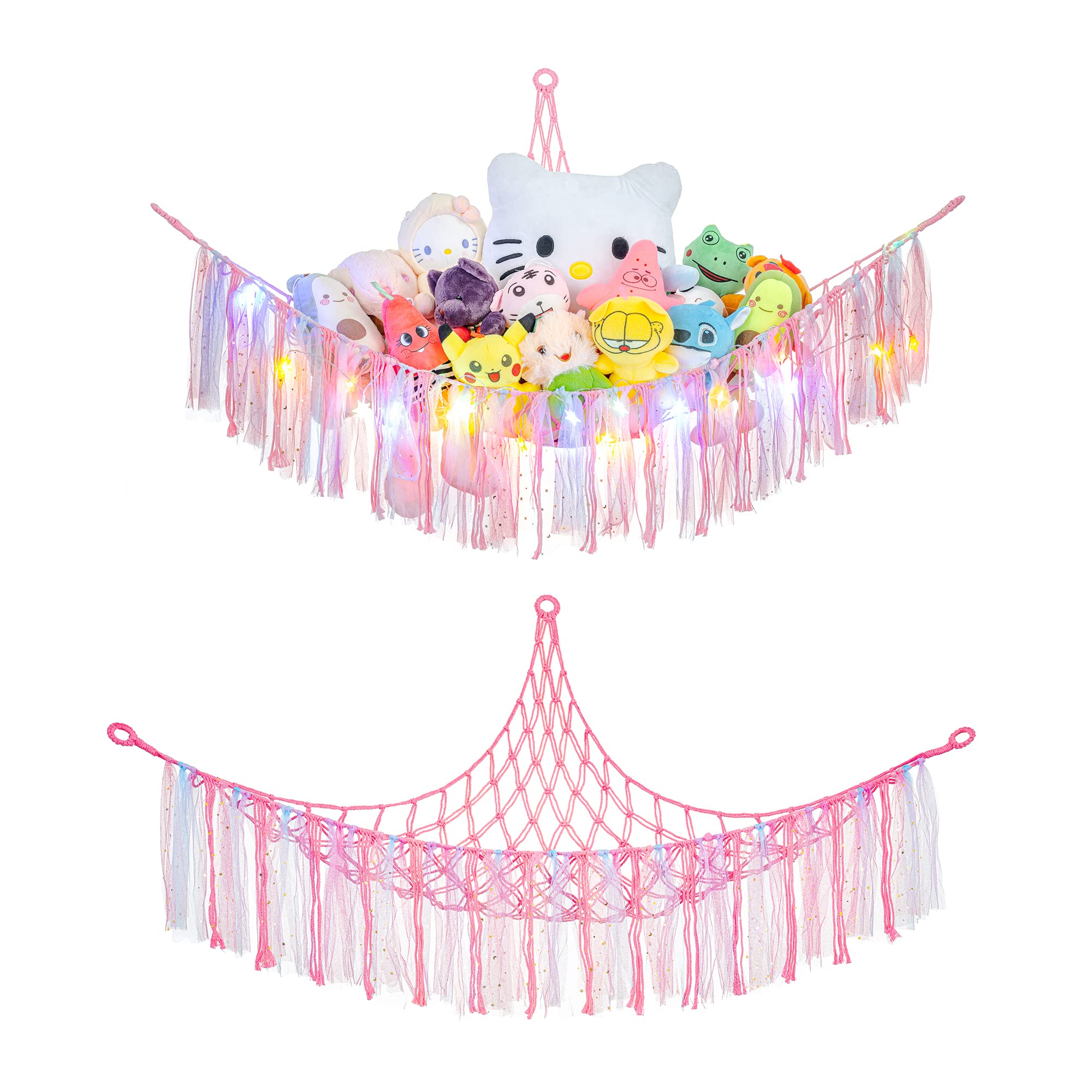 Stuffed Animal Hammock 55In, LONCHDAN Stuffed Animal net or Hammock with Tassel LED Large Hammock for Stuffed Animals Storage Macrame Netting Plushie Hanging Corner for Nursery Playroom Bedroom