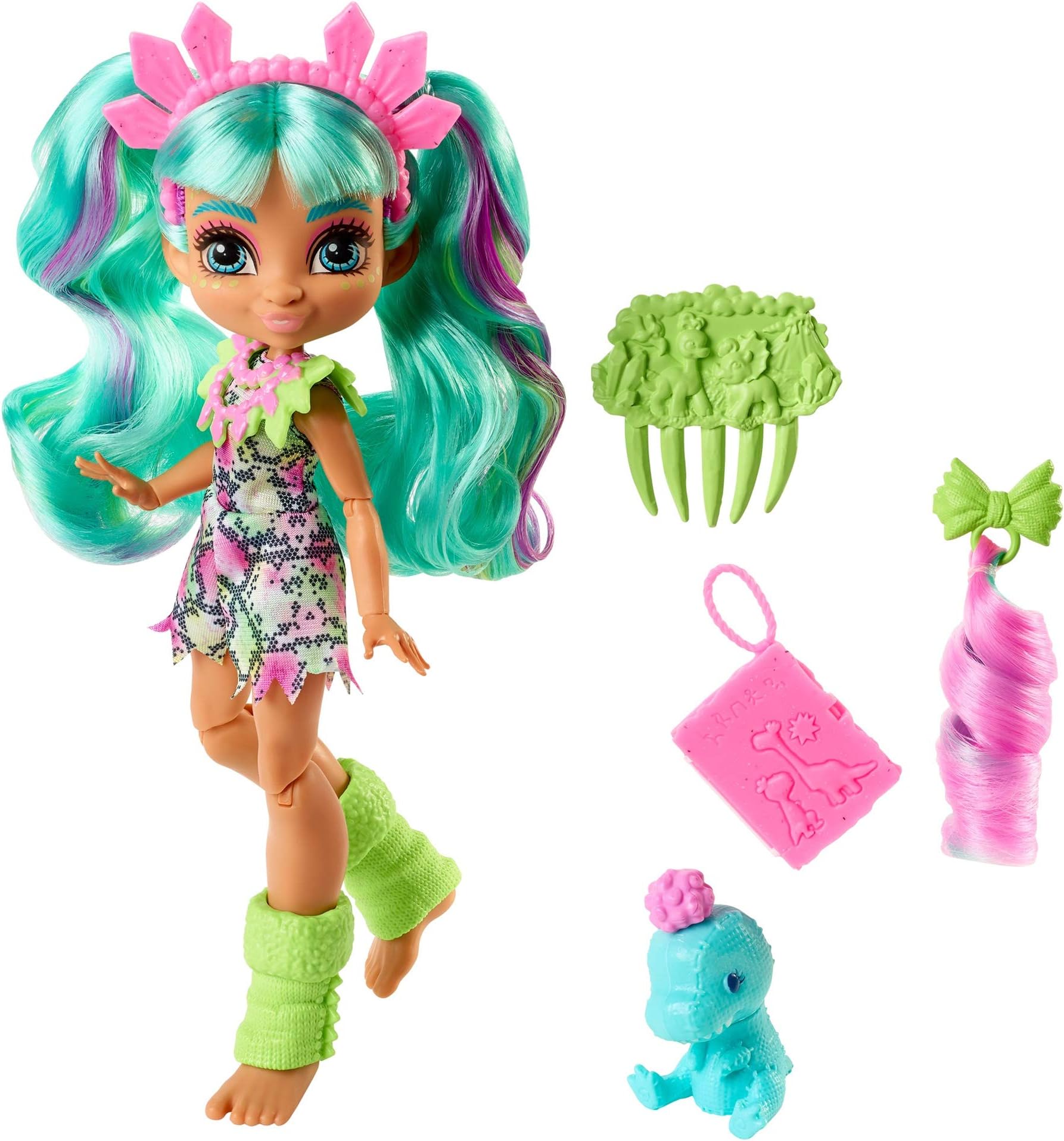 Mattel Cave Club Rockelle Doll (8 – 10-inch, Teal Hair) Poseable Prehistoric Fashion Doll with Dinosaur Pet and Accessories, Gift for 4 Year Olds and Up [Amazon Exclusive]