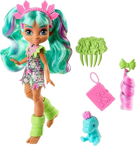 Cave Club Rockelle Doll 8  10 pulgadas cabello verde azulado muñeca de moda prehistórica posable con dinosaurio mascota y accesorios regalo para