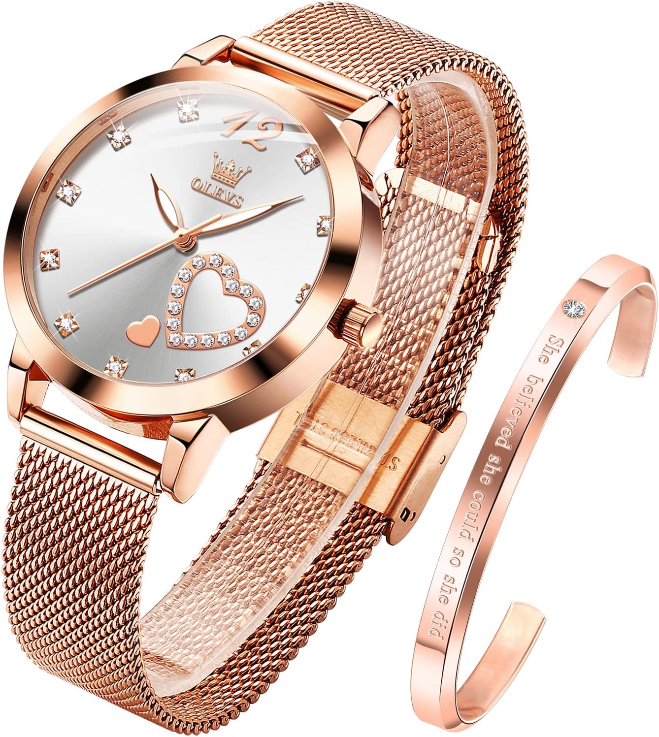 OLEVS Women’s Rose Gold Watches Heart Diamond Girls Ladies Wristwatch Mesh Belt Watch and Bracelet Set Valentines Day Gifts