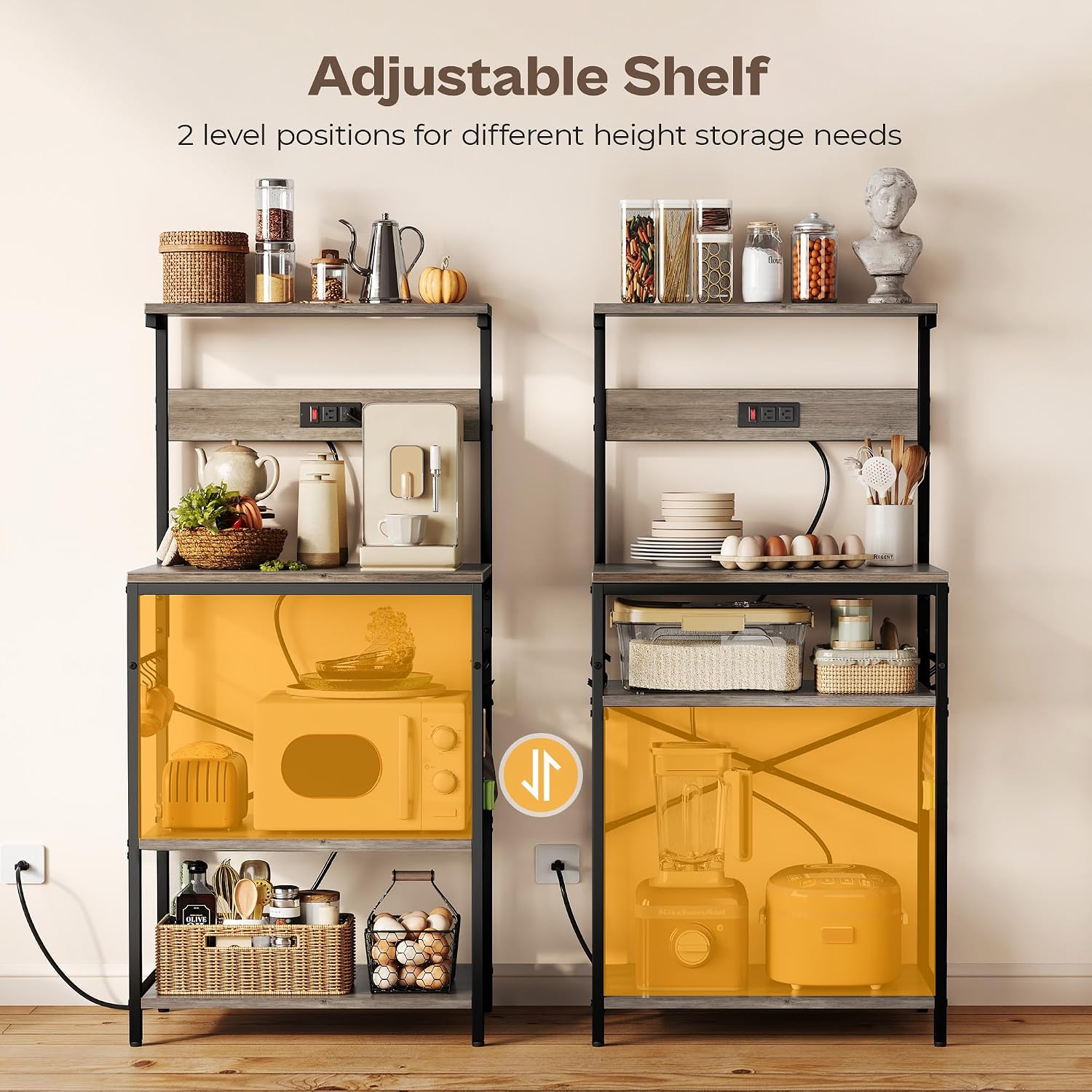SUPERJARE Kitchen Bakers Rack with Power Outlet, Coffee Bar Table 4 Tiers, Kitchen Microwave Stand with 6 S-shaped Hooks, Kitchen Storage Shelf Rack for Spices, Pots and Pans - Greige image 4