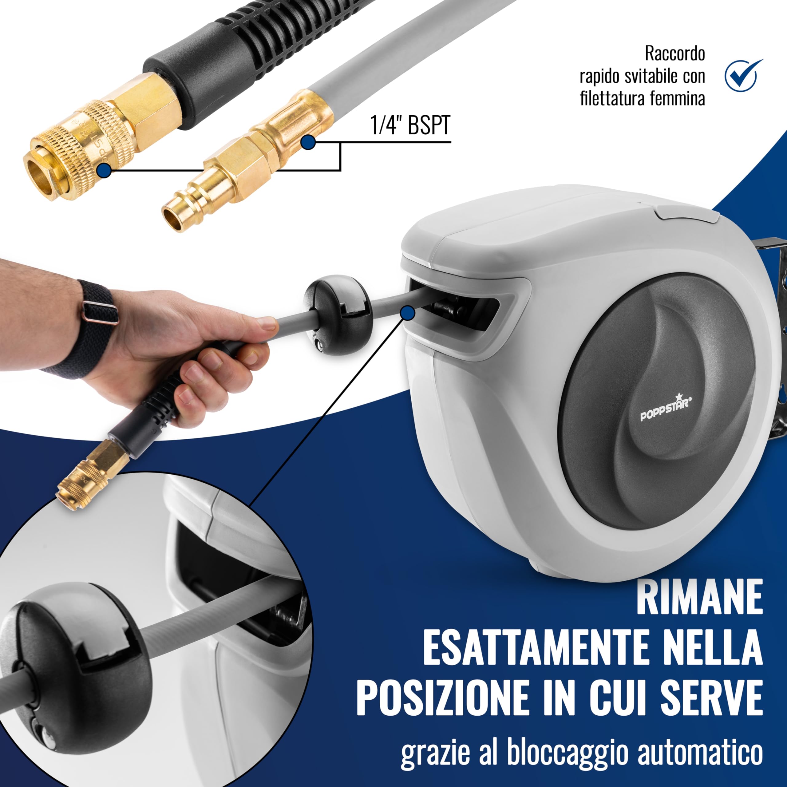 Poppstar Avvolgitubo per tubi ad aria compressa (15m+1,1m, diametro 3/8" (9,2x14mm)), attacco rapido 1/4" BSPT, avvolgitubo con tubo PVC ibrido
