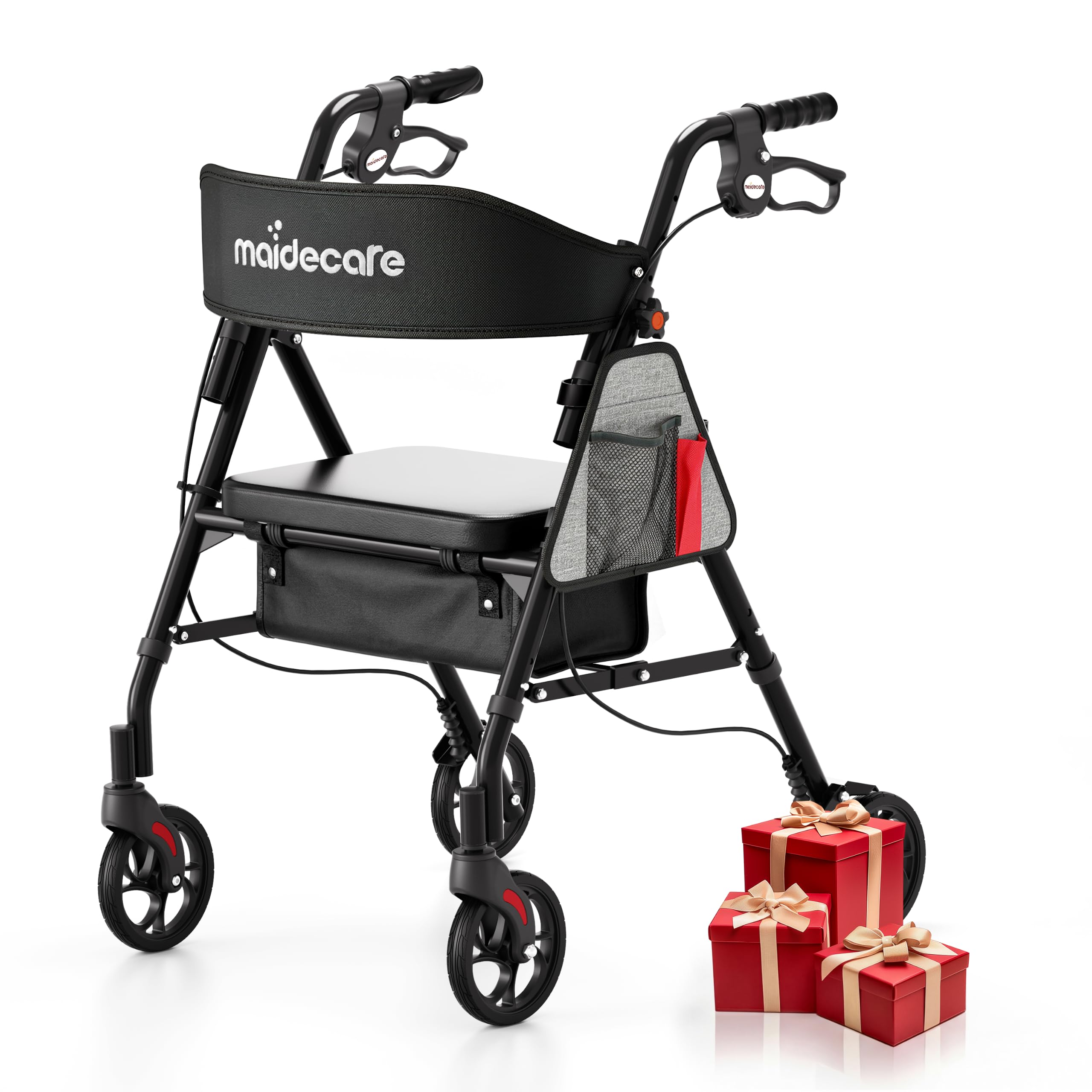 Andador con asiento y ruedas para ancianos, 4 ruedas para personas mayores y discapacitados, asiento y asa ajustables en altura, rodador interior, con freno, cesta, color negro