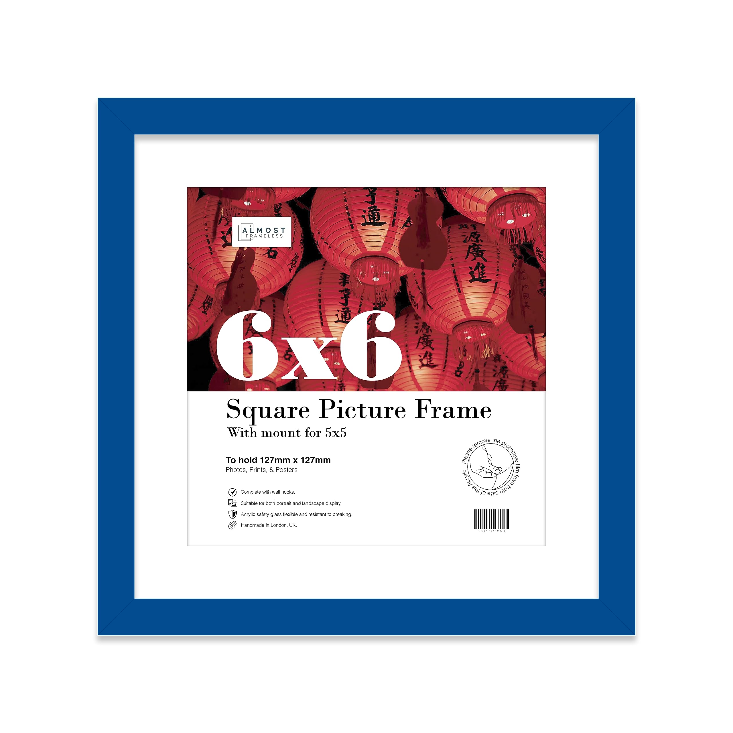 Almost Frameless 6x6 Picture Frame, Display Pictures 5x5 With Mat or 6x6 Without Mat, Wall Hanging & Free Standing Photo Frame, Blue, 1 Pack