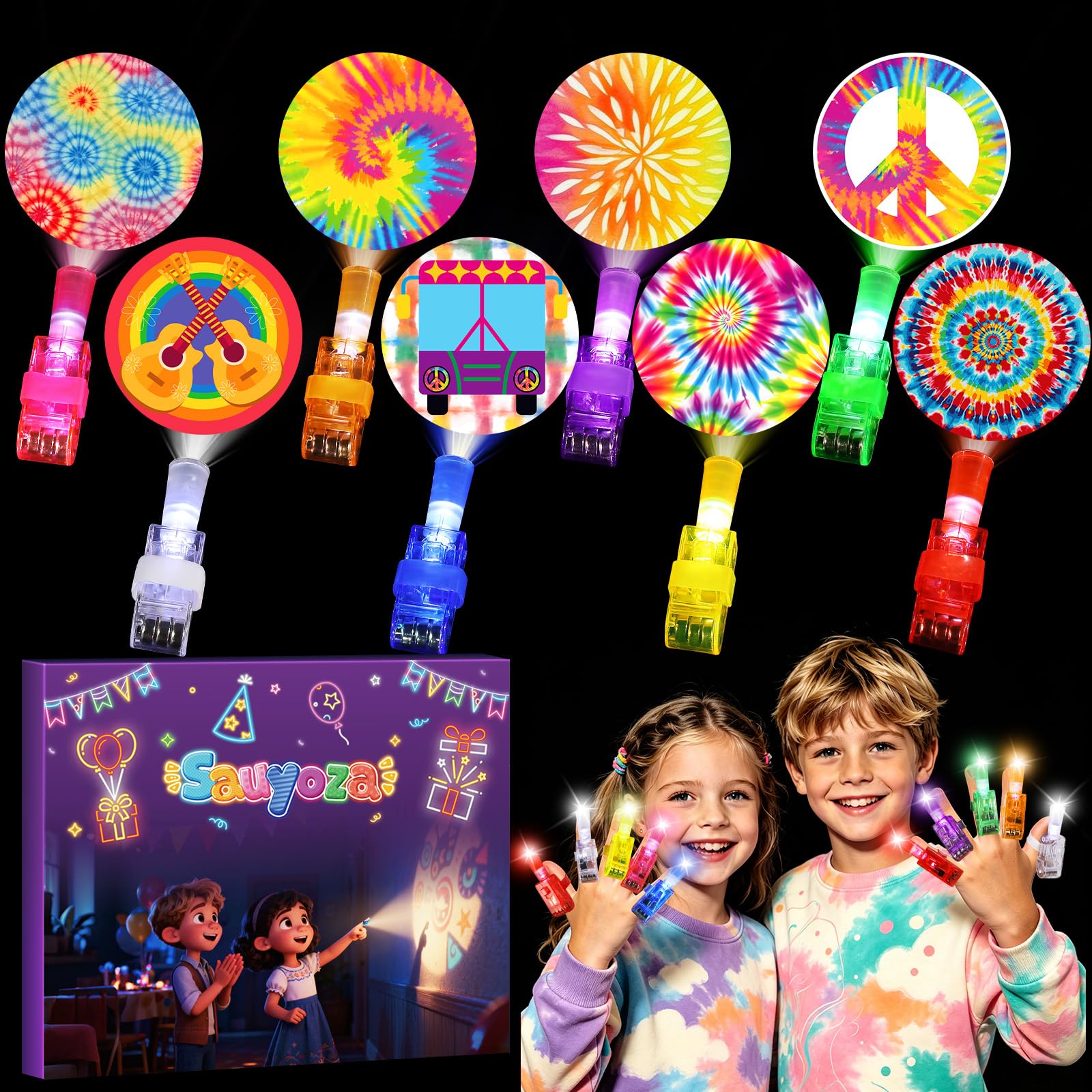 36 Pack Tie Dye Party Favors LED Finger Lights for Kids