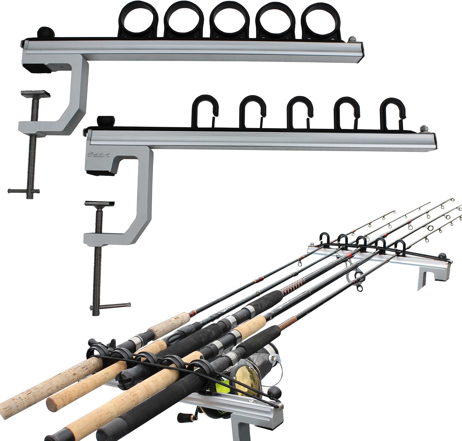 Rush Creek Creations Go Anywhere 5-Rod Fishing Rod Holder for Truck Bed, Aluminum Truck Bed Fishing Pole Holder with Bungee System, Securely Holds 5 Rod and Reel Combos