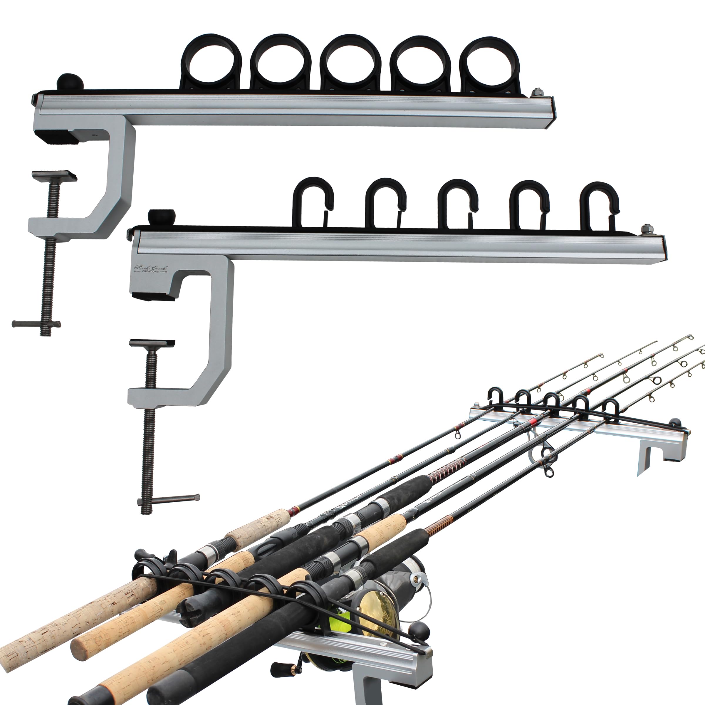 Rush Creek Creations 5-Rod Truck Bed Fishing Rod Holder - Aluminum Clamp Mount Organizer Rack for Boats & Trucks - Universal Portable Storage - Gray/