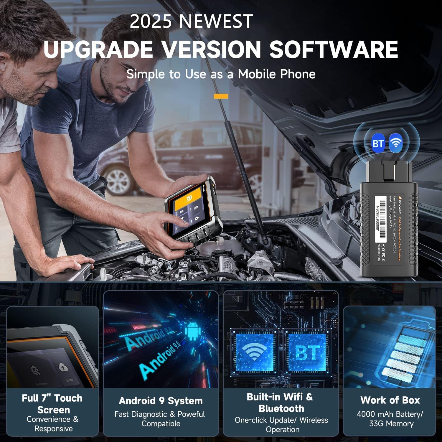 FOXWELL NT809BT Pro tablet and VCI dongle, highlighting Android 9 OS, 7-inch touch screen, built-in WiFi and Bluetooth, 4000 mAh battery, and 32GB memory.