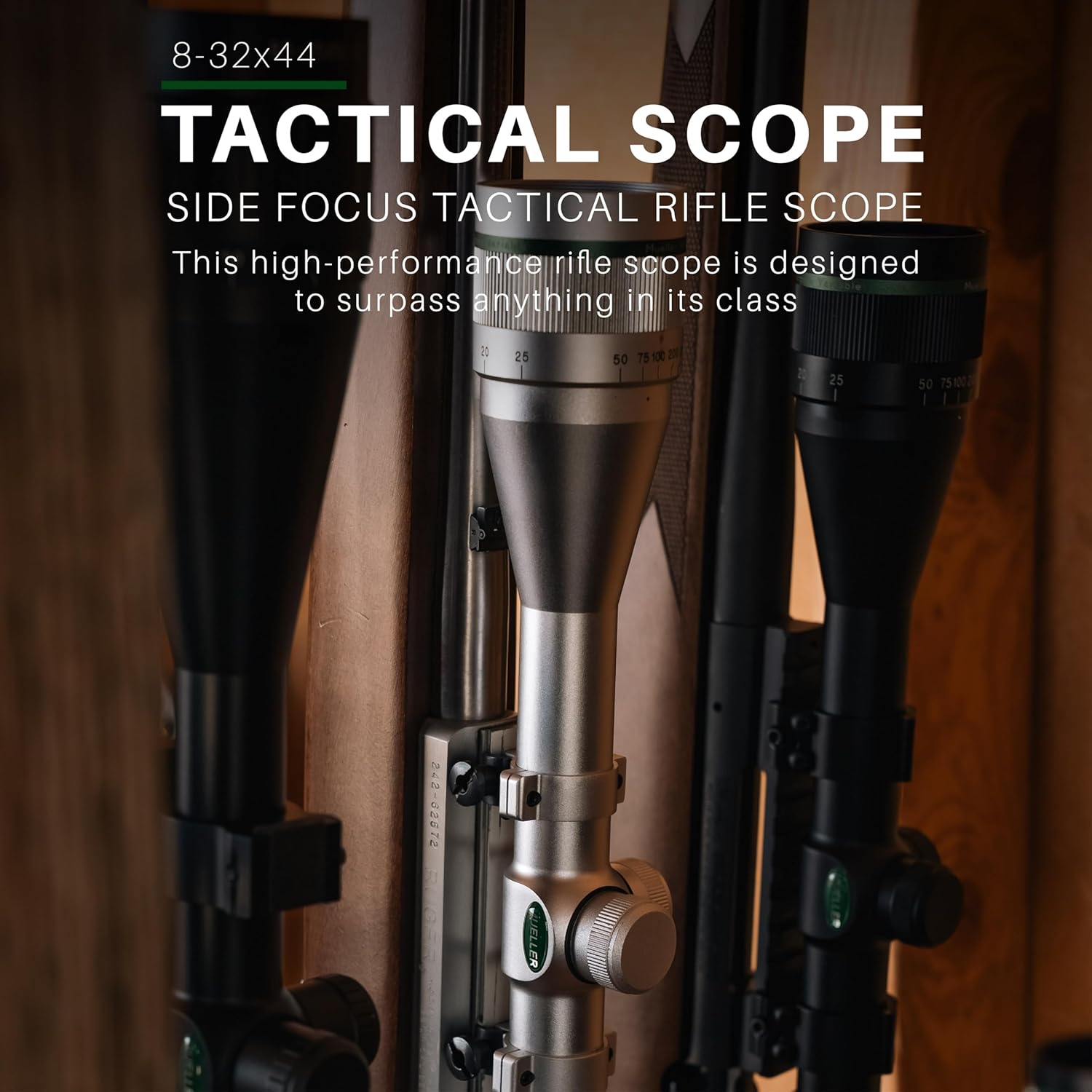 Mueller Optics, 8-32x44 Side Focus Rifle Scopes - Eye Relief 4" - Length 16.25" - Tube Size 30mm - Waterproof and Fog-Proof