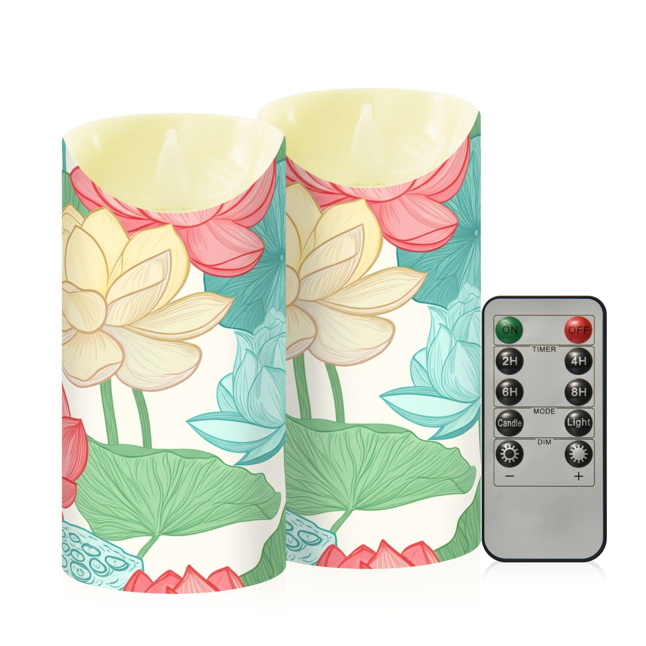 Kutsu Lotus Flowers Flameless Candles Set of 2, Battery Operated LED Flickering Candles with Remote and Timer, Plastic Pillar Candles for Home Wedding Decor