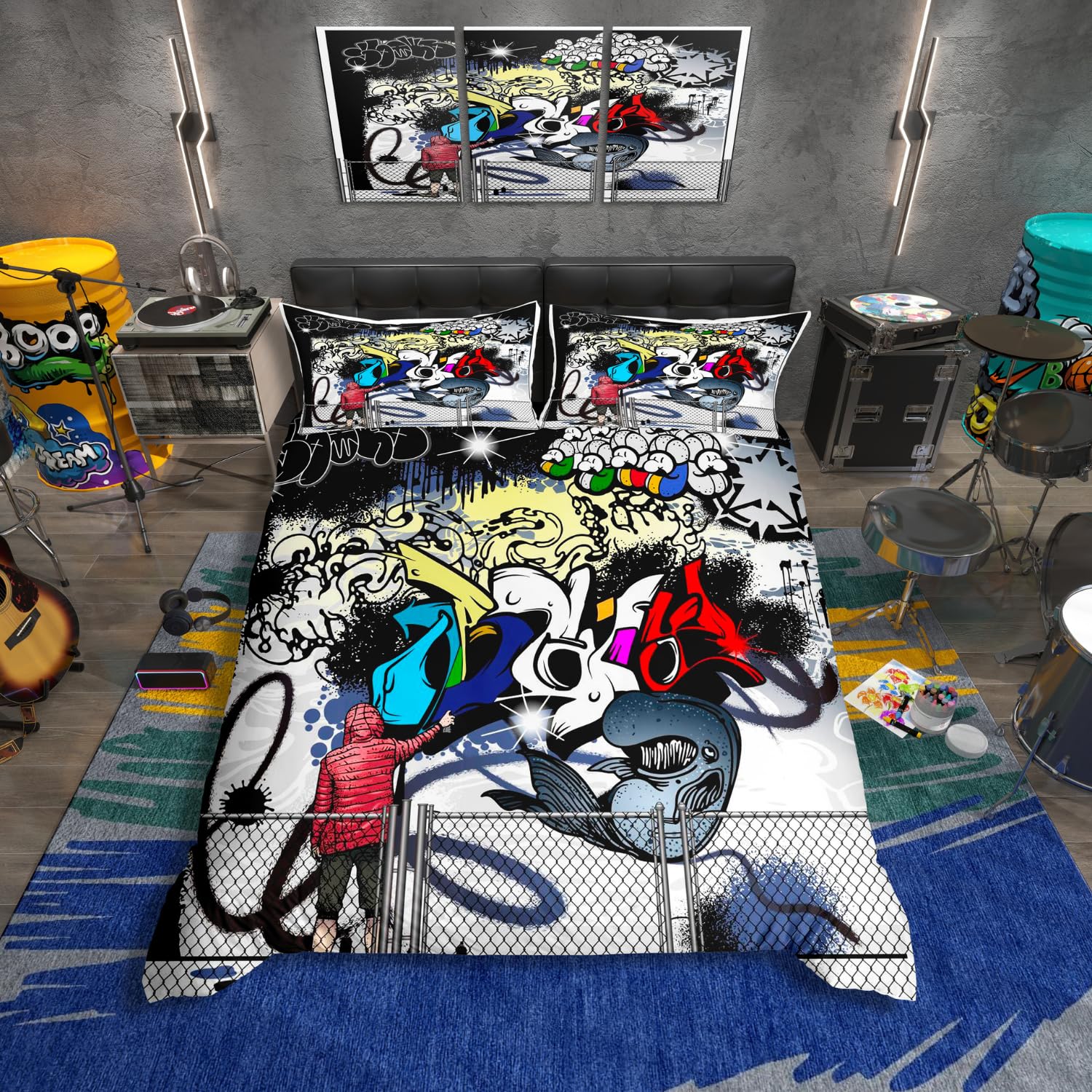 Homewish Graffiti King Duvet Cover Set Teenage Boy Hip Hop Bedding Sets for Kids Graffiti Wall Art Design Comforter Cover Abstract Hippie Urban Doodle Pattern Duvet Set