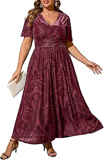Simplee Women’s V Neck Velvet Maxi Dress Short Sleeve Empire Waist Long Formal Dress for Wedding Guest