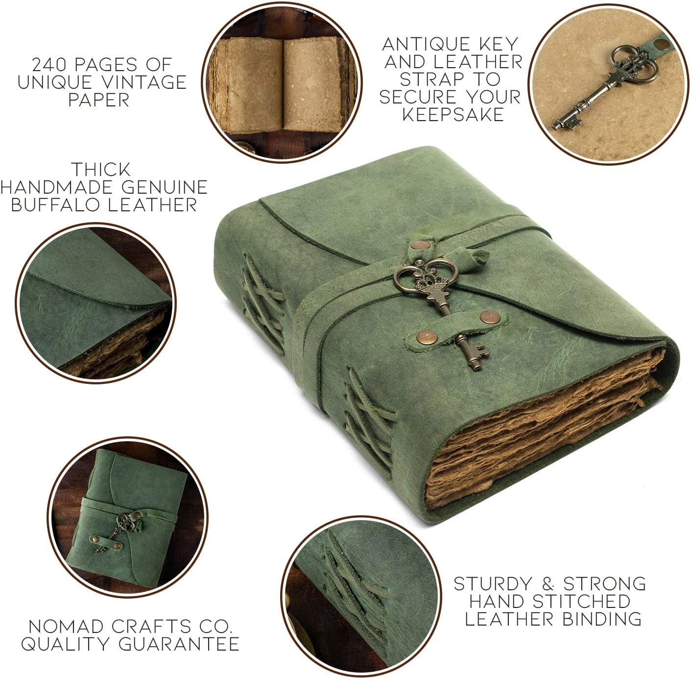 NomadCraftsCo. Vintage Leather Journal - Antique Handmade Deckle Edge Vintage Paper Leather Bound Journal - Book of Shadows Journal - Leather Sketchbook - Drawing Journal - Great Gift (Green, 9"x6")