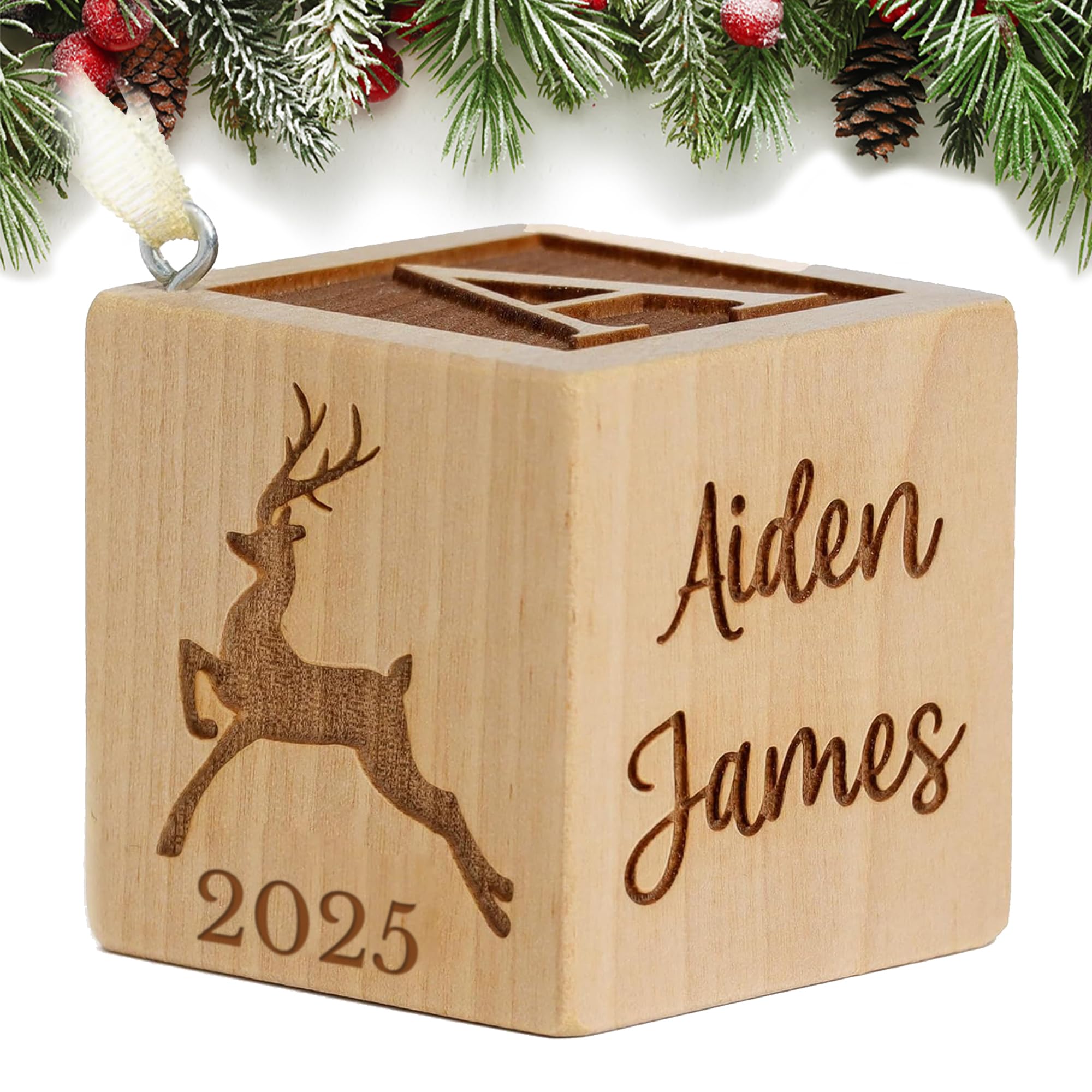 Babys First Christmas Ornament 2025 Personalized Wooden Keepsake Block with Name Year Custom Engraved for Newborn Boy or