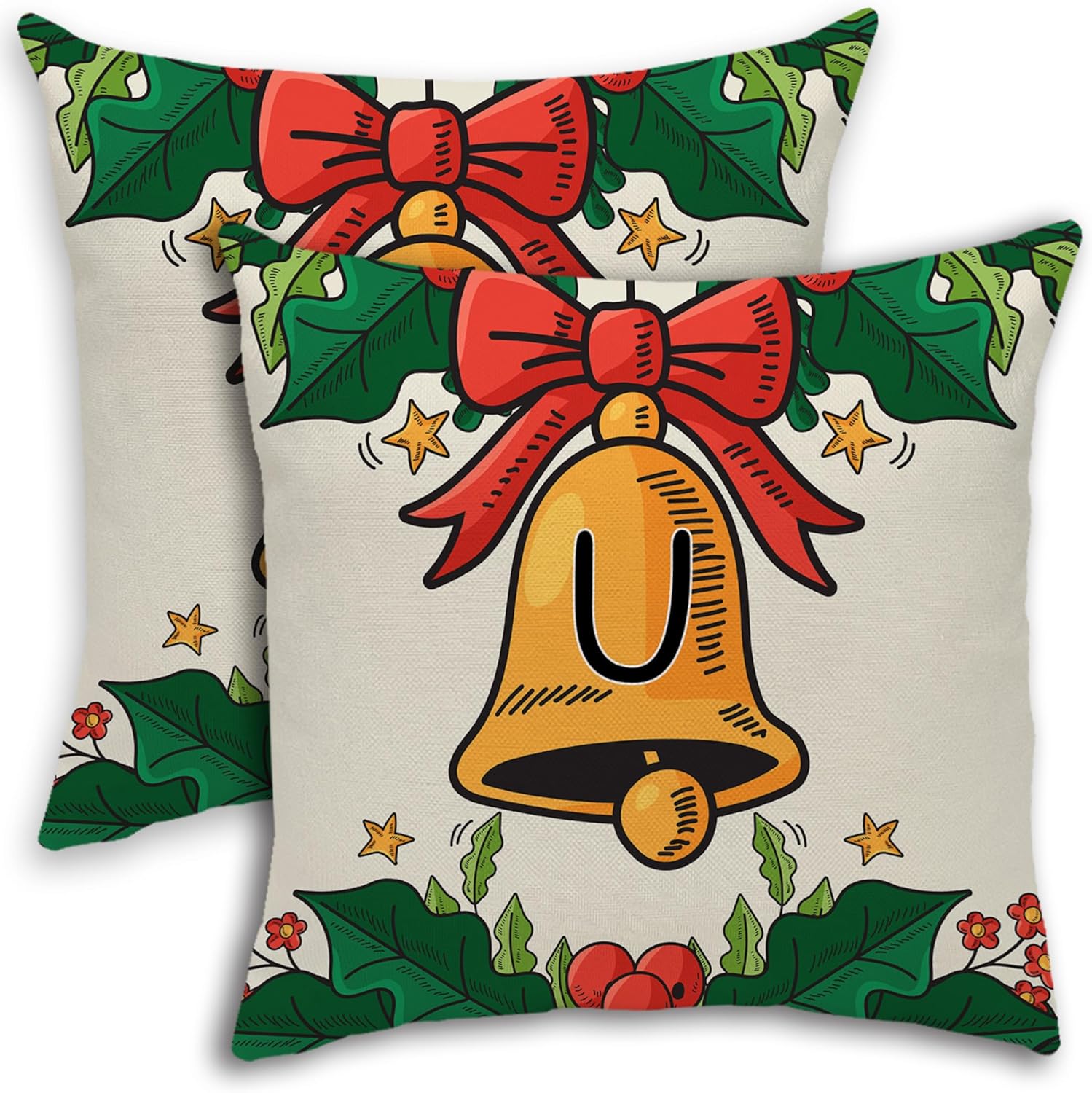 Christmas Pillow Cover Holly Bells Country Bows Lettering