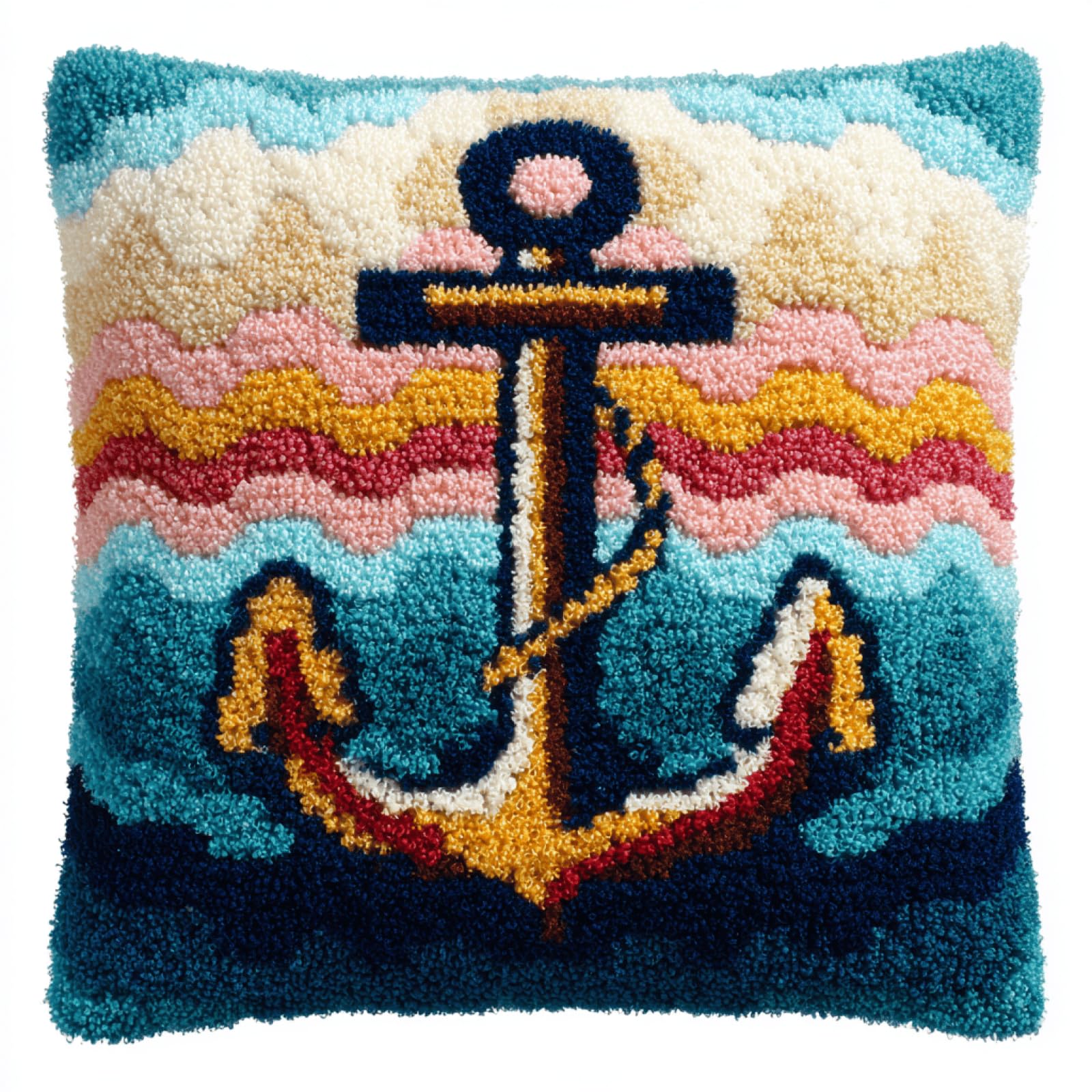 Taxpy Multicoloured Anchor Cushion Cover Latch Hook Kit, Iy Craft Kit For Adults Beginners,Pre-Printed Canvas With Yarn And Hook,43X43cm Needlecraft Home Decor Gift