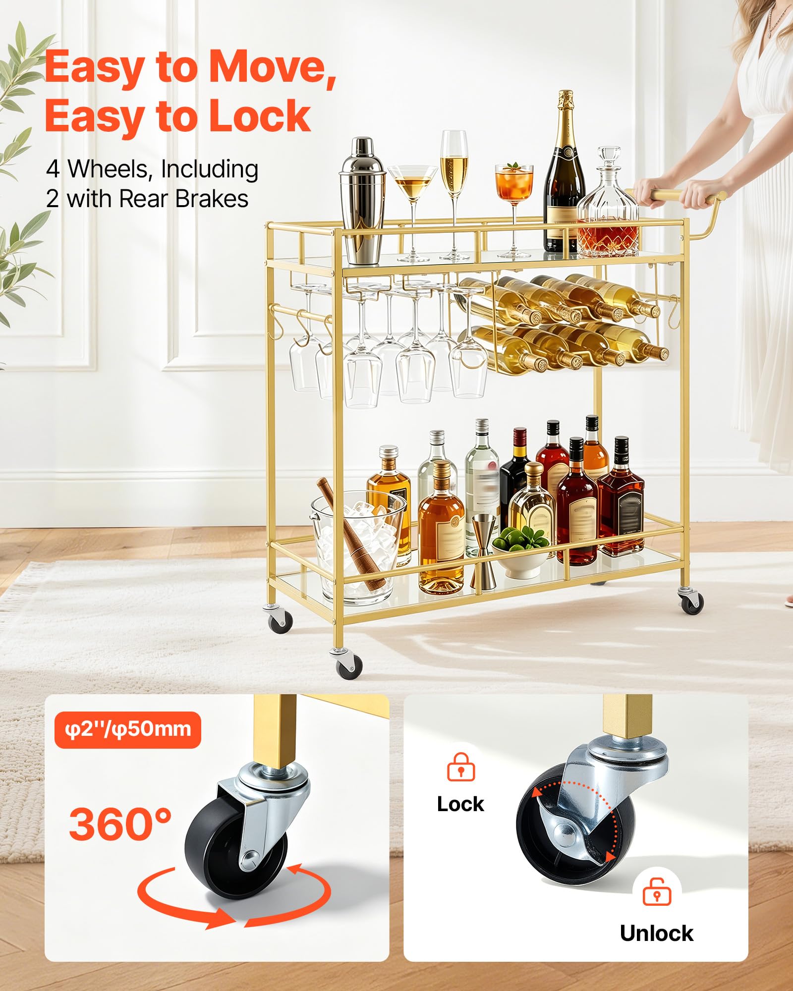 VEVOR Carro de Bebidas con Botellero de 2 Niveles, Carrito de Servicio con Ruedas y Asa, Estantes de Vidrio Espejado, Soporte para Copas, para Sala de Estar, Comedor, Cocina, 88x35x89 cm, Dorado