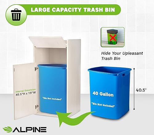 Miniatura 6 de Alpine Industries Bote de basura de madera de 40 galones, gran recinto para receptáculo interior con orificio para caída y estante de bandeja, ideal