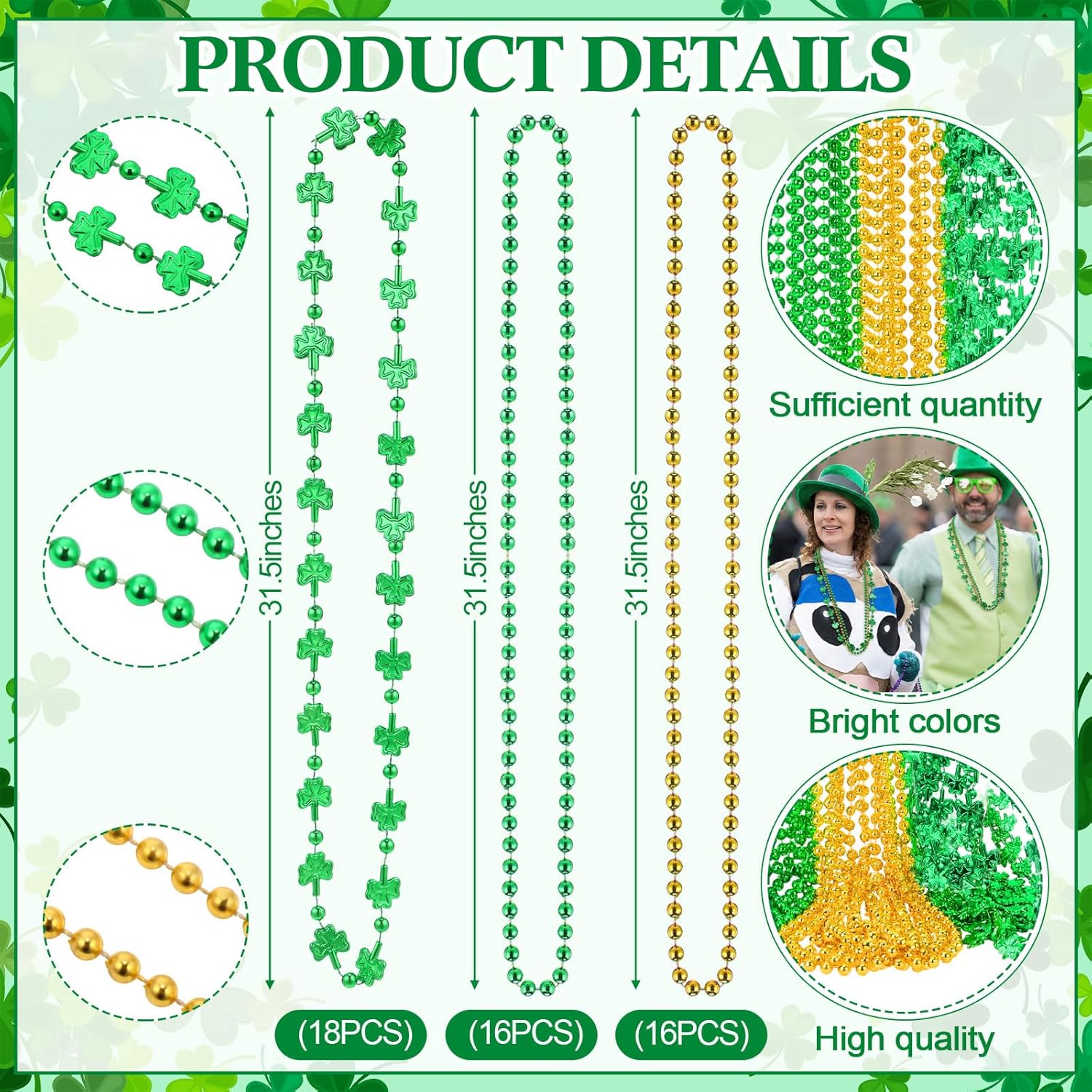 100 Pcs St. Patricks Day Accessories Kit Green Necklaces Bulk Shamrock Glasses for Green Party Favors Parade Throws Supplies Wedding Birthday Pirate Party Decoration