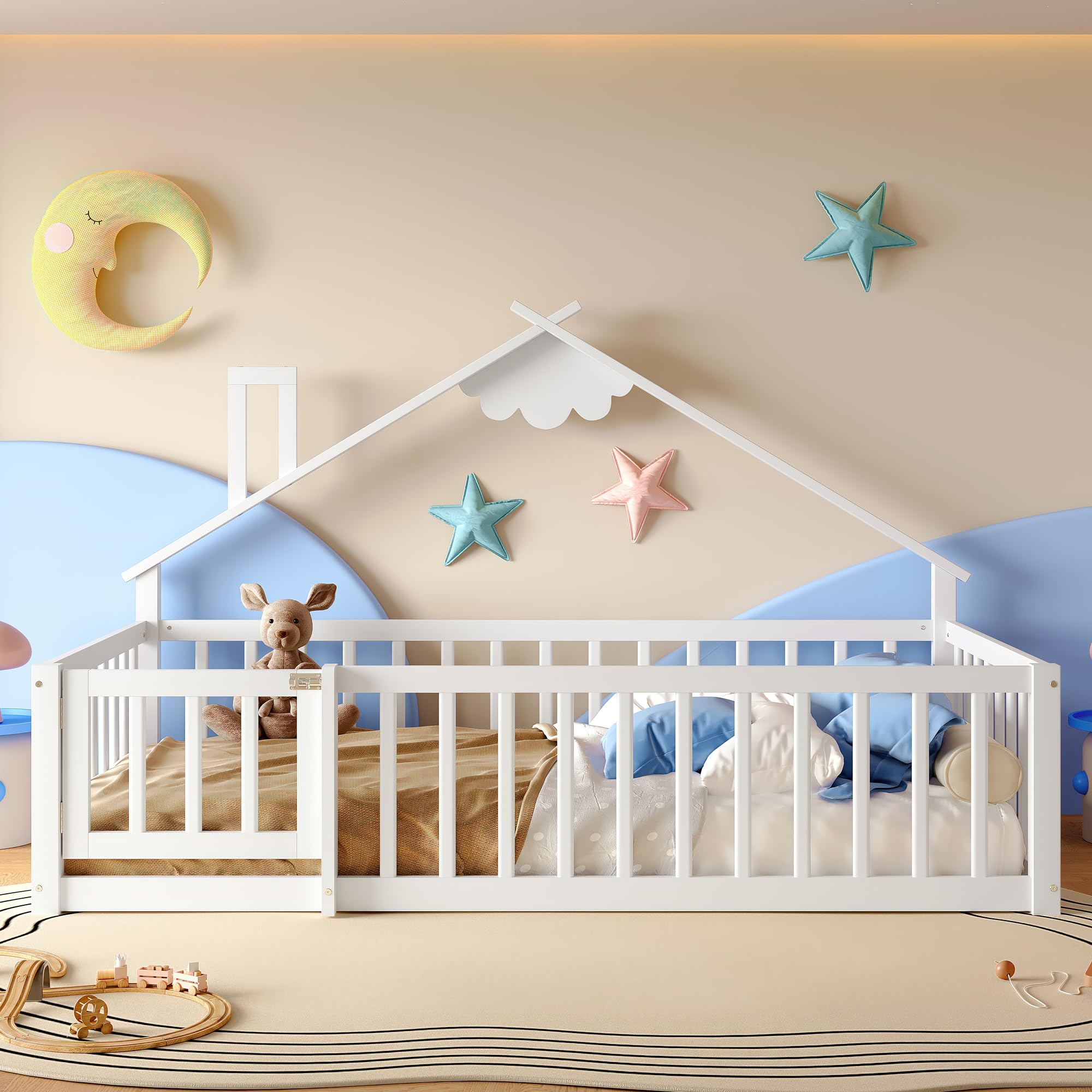 Cama de suelo de 90 x 190 cm con protección anticaída y puerta con cerradura, estructura de cama infantil, cama de madera de pino con somier, cama de madera, sin colchón