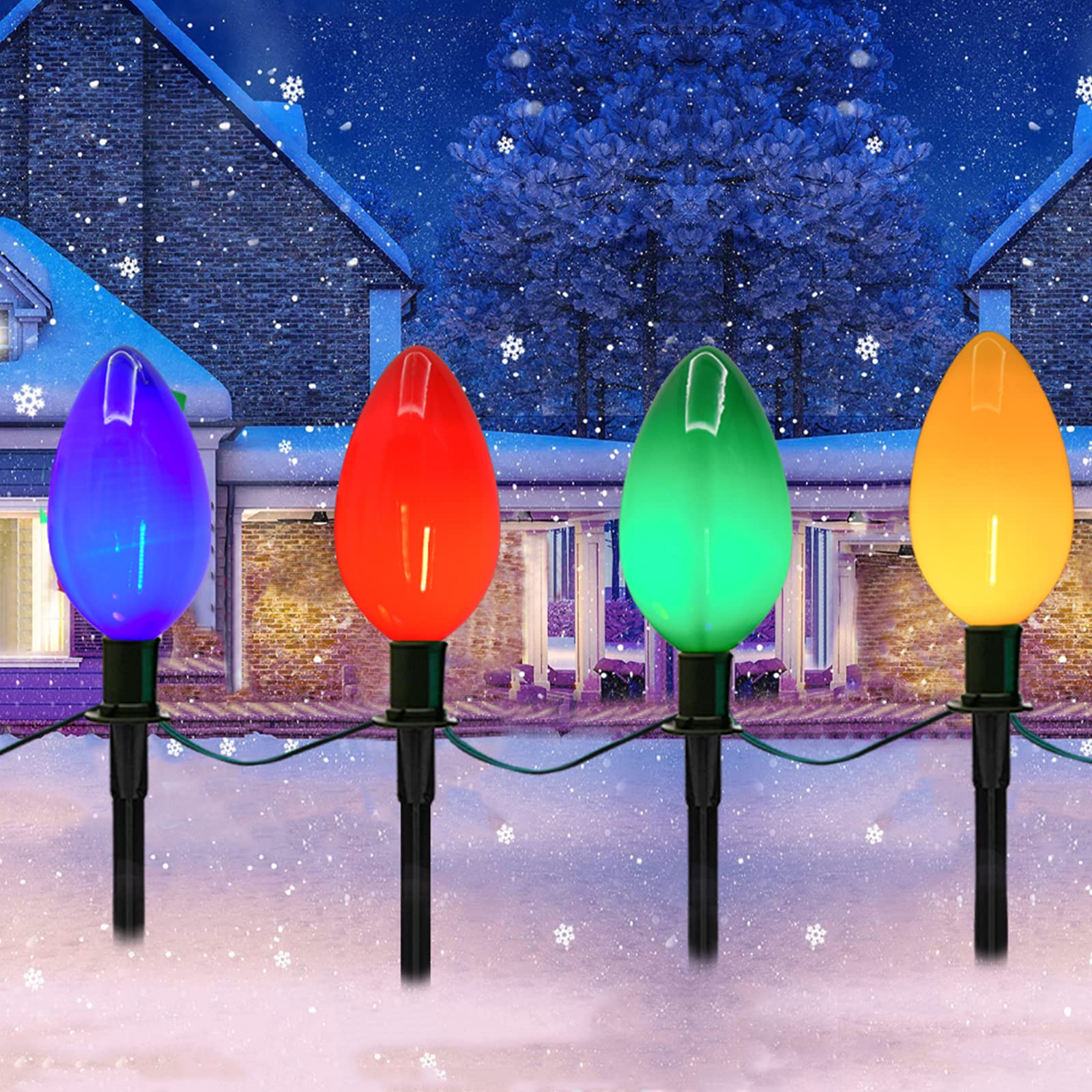 C9 Christmas Path Marker Light Outdoor, 7 Feet LED Christmas Pathway Lights with 4 LED Multicolor Lights and 4 Stakes Waterproof Christmas Lawn Walkway Lane Marker Lighting Decoration