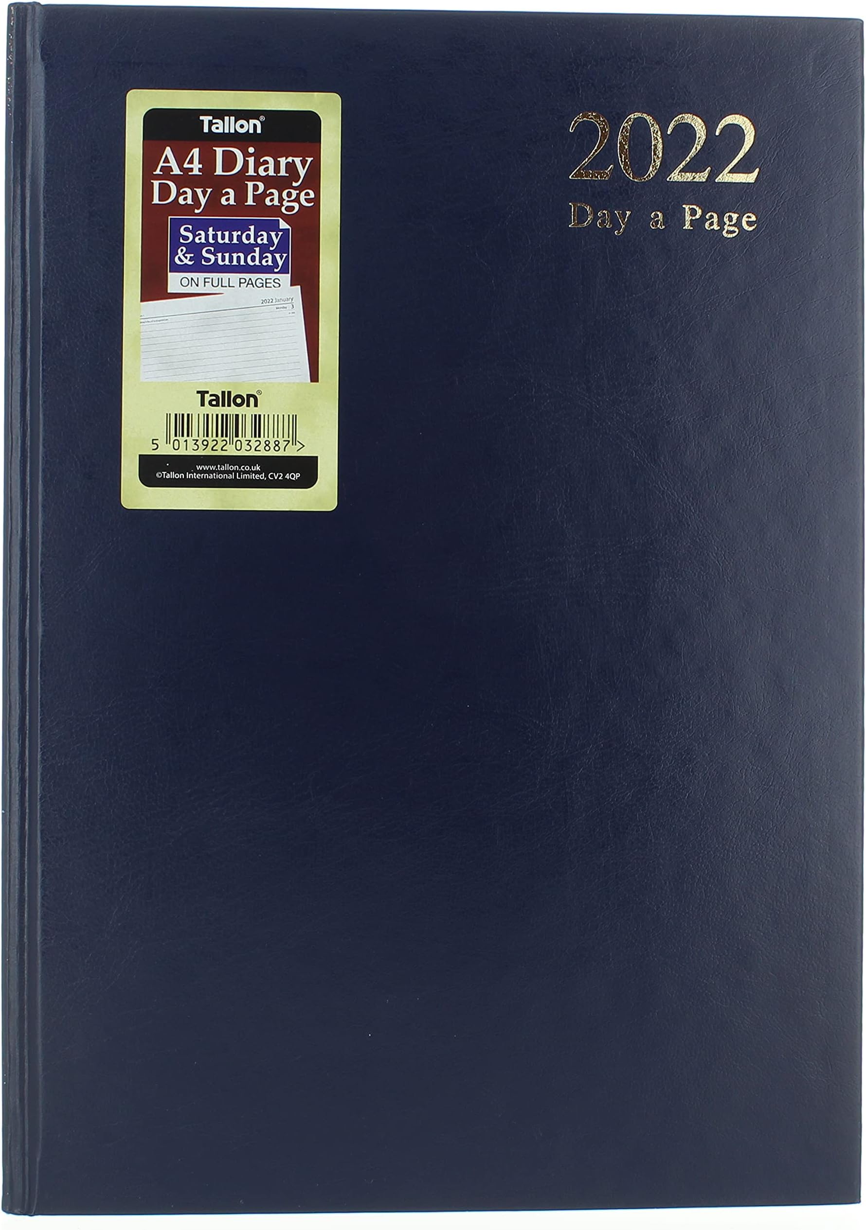 2022 A4 Page a Day Padded Hardback Diary with Full Page Saturday Sunday - Blue