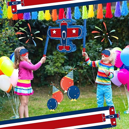 Miniatura 4 de Piñata de avión de 16 x 12 x 3 pulgadas, paquete de piñata de avión con palo para vendar los ojos y confeti para fiesta temática de avión, piñata