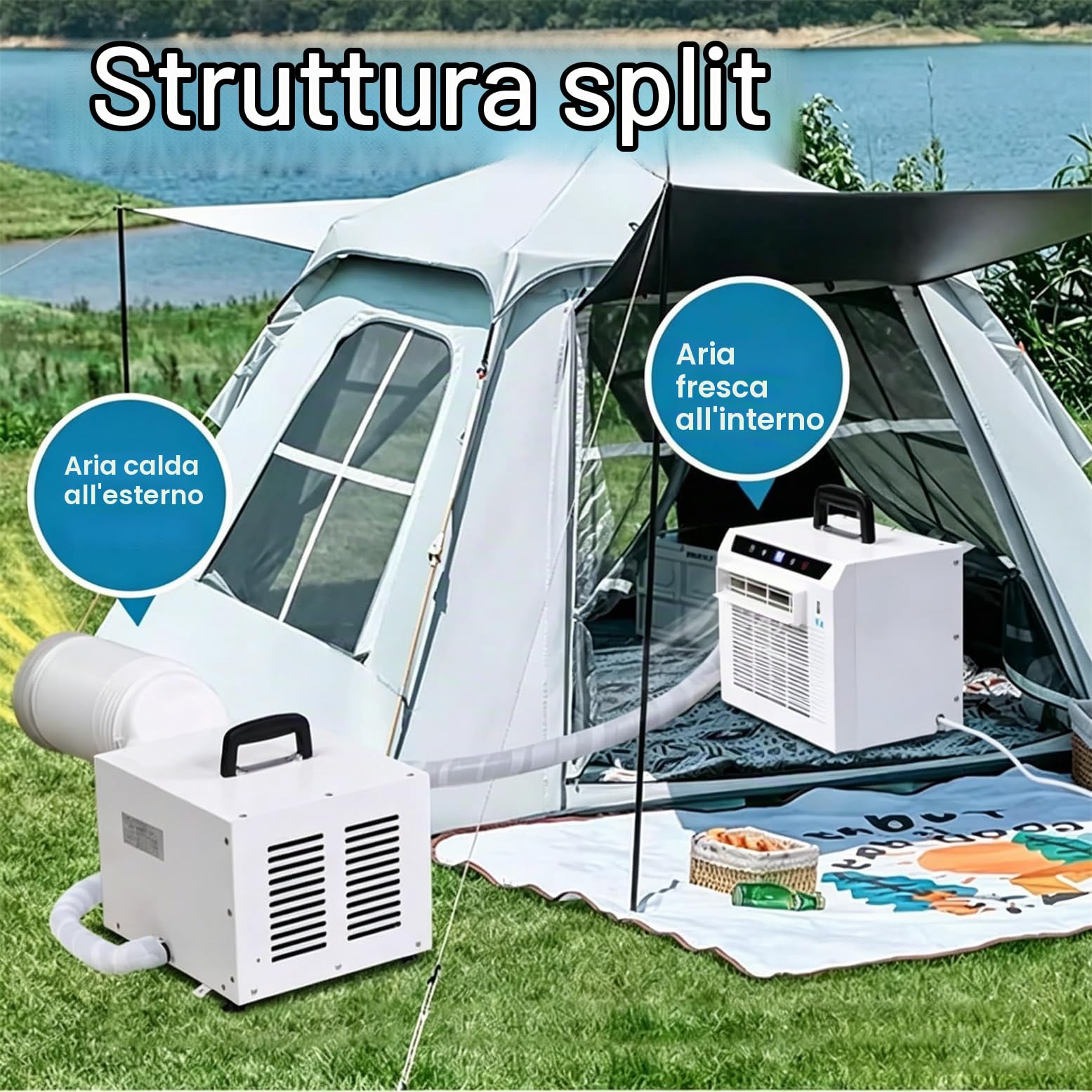 Condizionatore D'aria Split Portatile Con Wi-Fi E Telecomando, Raffrescatore D'ambiente Da 3000BTU Con Timer Da 24 Ore E Maniglia Superiore per Tenda, Camper, Casa, Ufficio, Campeggio