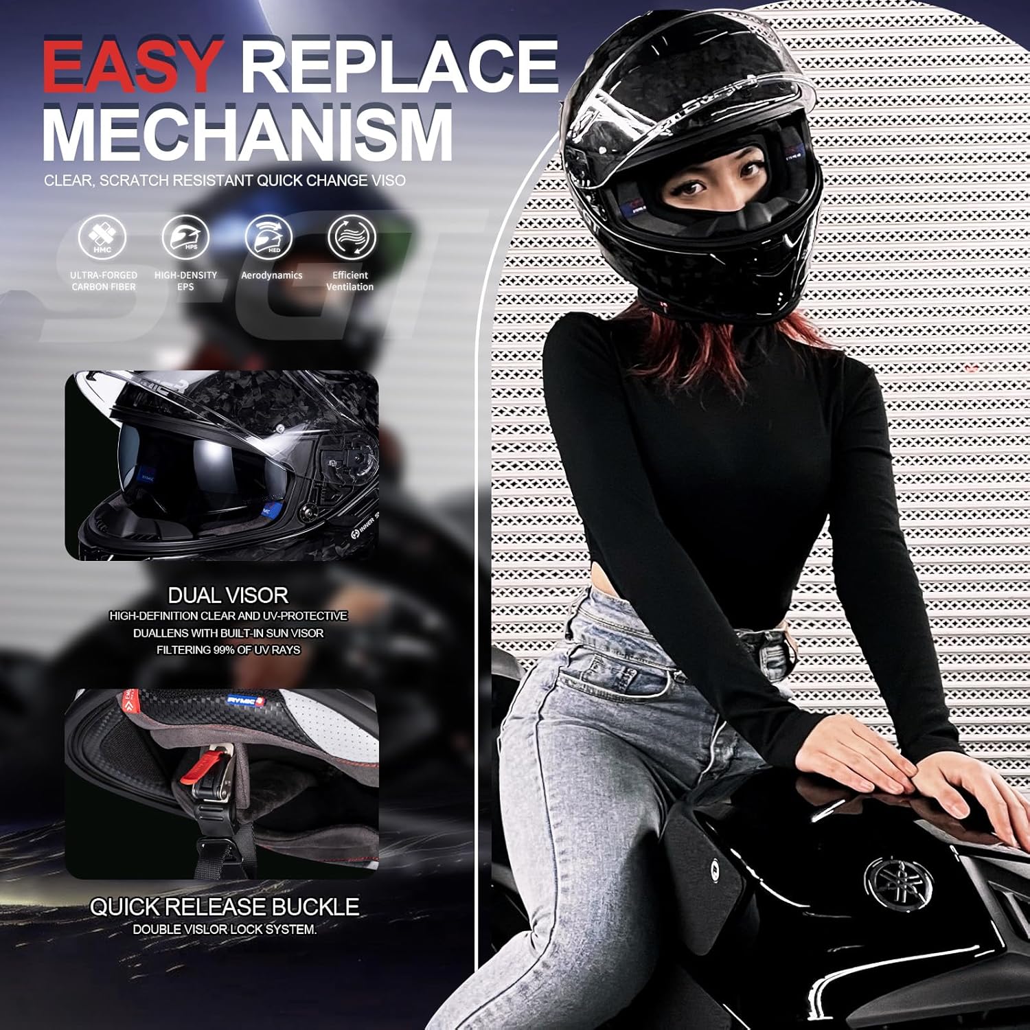 S-GT Carbon Fiber Motorcycle Helmet Full Face Racing Helmet for Adult Speaker Pockets DOT Approved