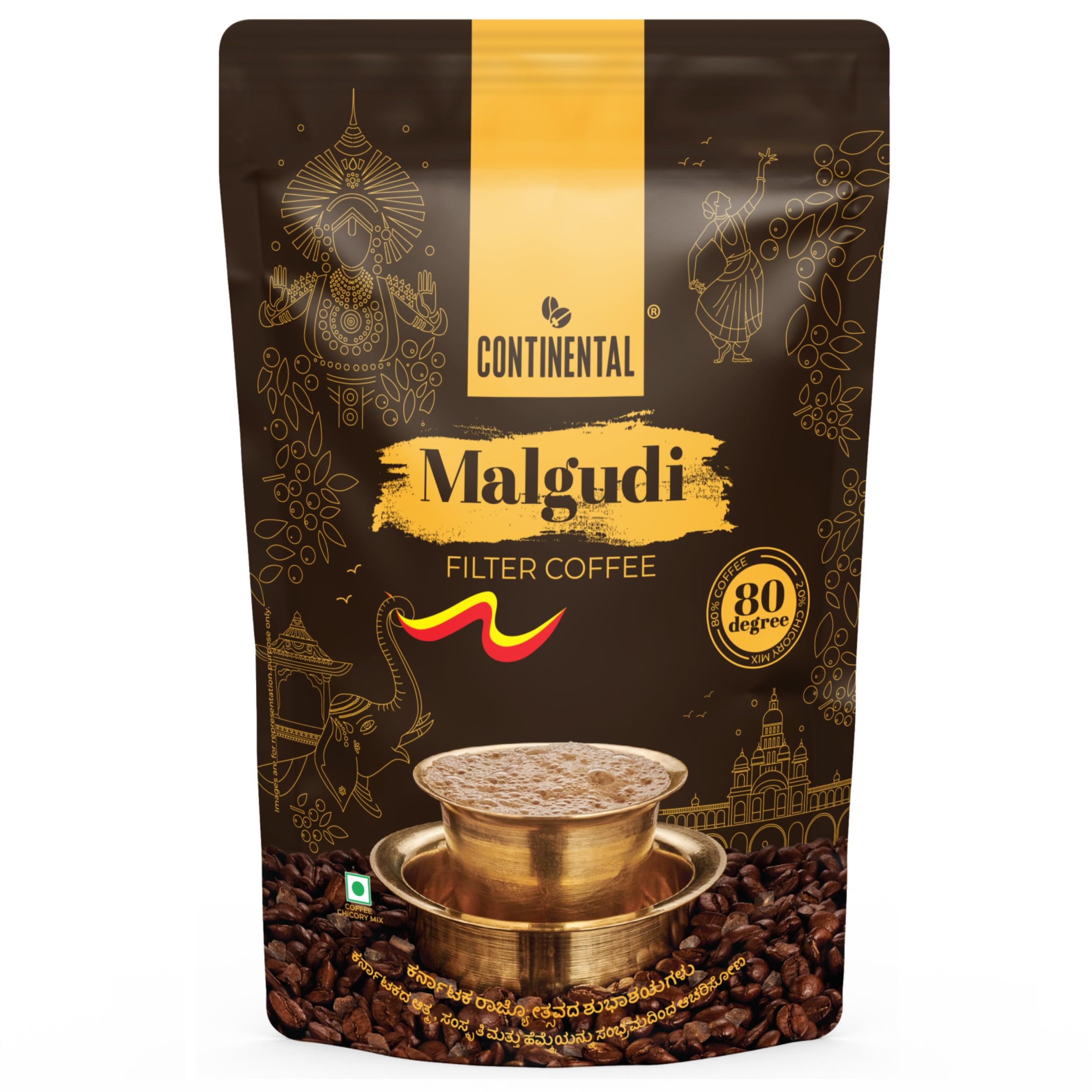 Continental Malgudi Filter Coffee Powder | 500gm Pouch | 80% Coffee - 20% Chicory | Traditional South Indian | Roasted Ground| Smooth Flavour and Rich Aroma |