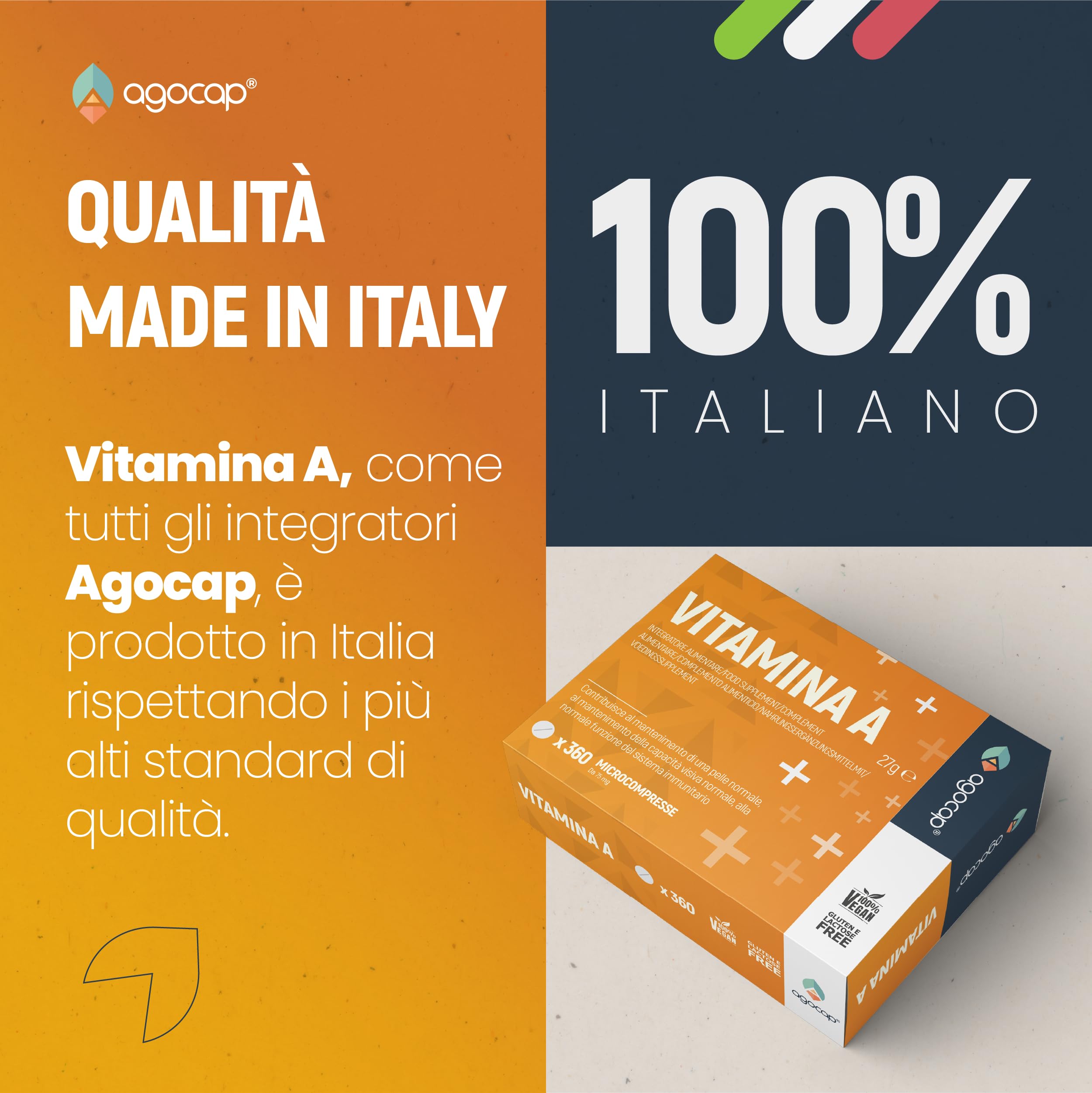 Vitamina A pura, 360 microcompresse ad alto dosaggio | 1200mcg per compressa di Vitamina A, 4000ui ad alta biodisponibilità | Agocap, Integratore Vitamin A, fatto in Italia