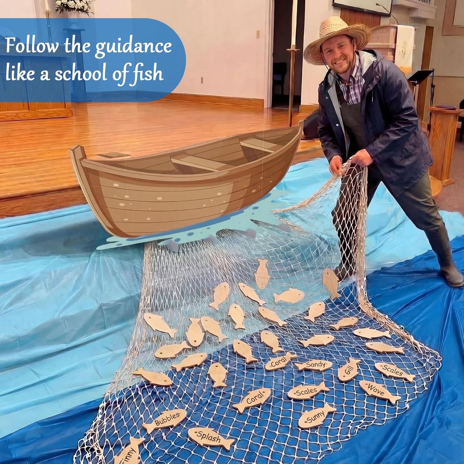 Novabright Fishers of Men Party Decor Bible Teaching VBS Religious Christian Decor Large Fishing Boat Cardboard Cutout Wooden Fish Cutout Net Ocean Table Covers for Jesus Church Sunday School Supplies