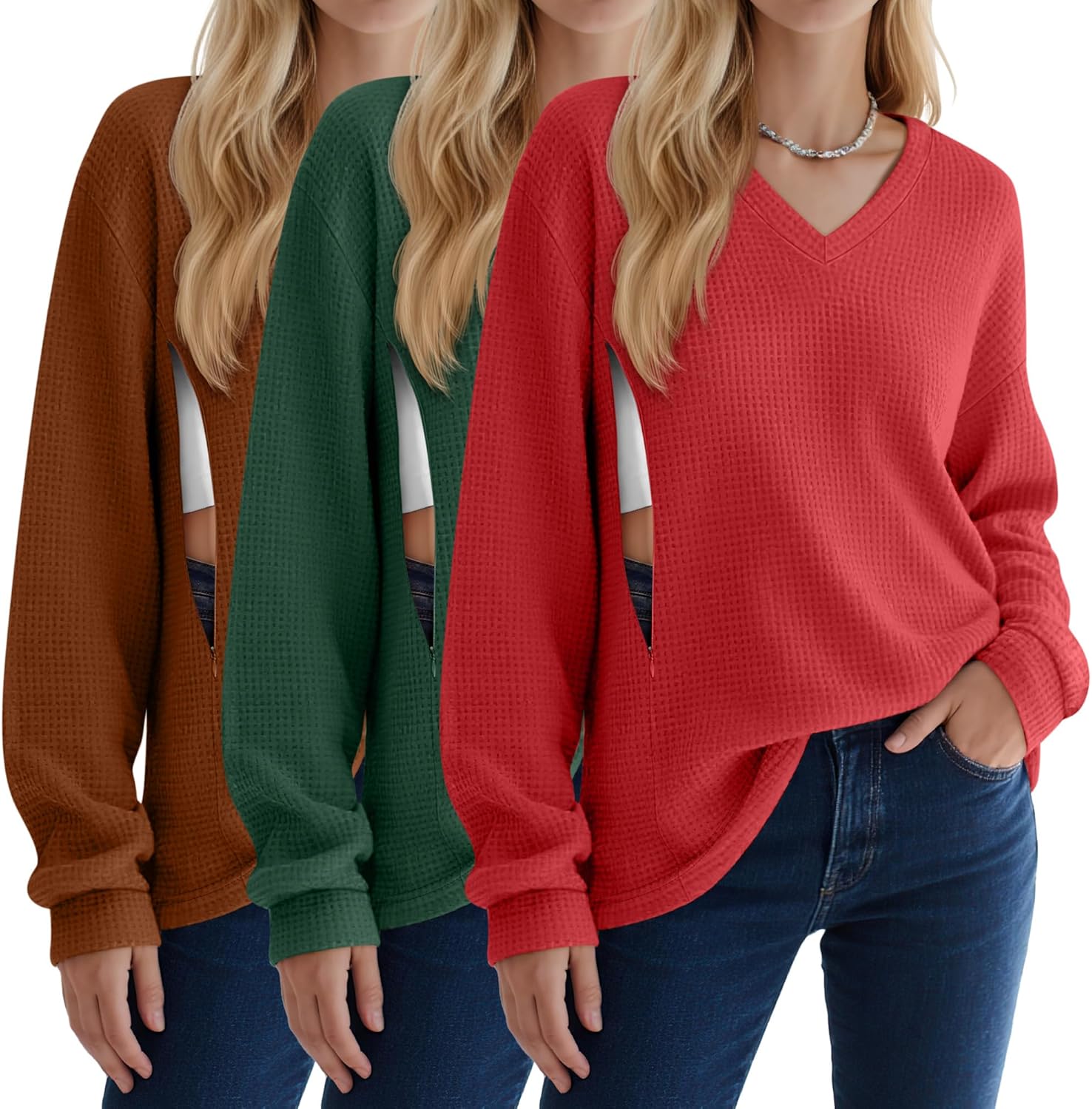 3 Pack Women's Nursing Tops Waffle Knit V Neck Breastfeeding Long Sleeve Shirts Hidden Zipper Loose Fit Sweatshirt(Watermelon Red, Green, Light Orange,Large)