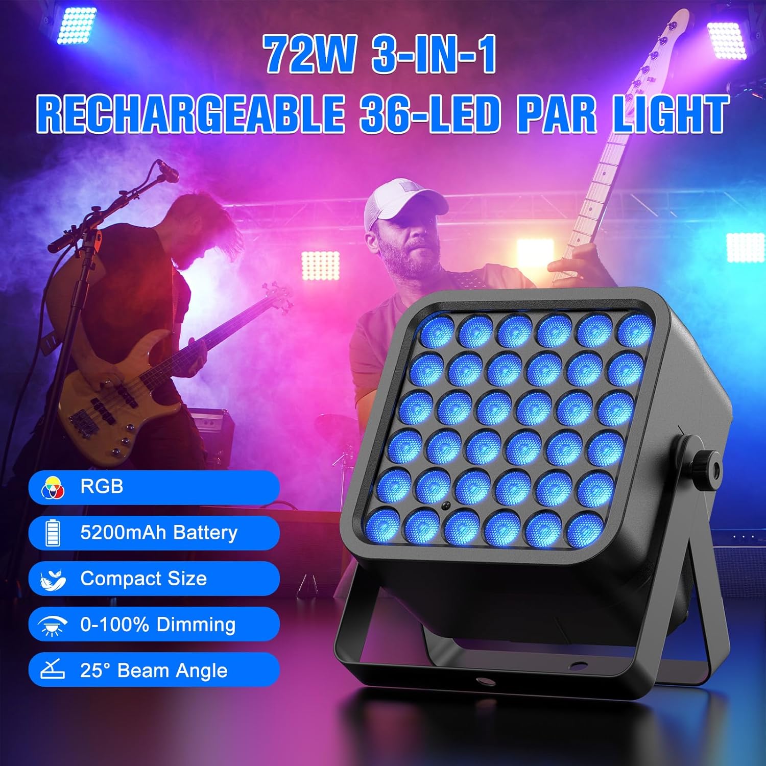 Rechargeable Par Can Lights, 72W RGB 5200mAh Uplights Battery Powered Stage Light, Wireless DJ Lights Sound Activated with Remote & DMX Control for Festivals, Weddings, Bars, Churches, DJ (1 Pack)