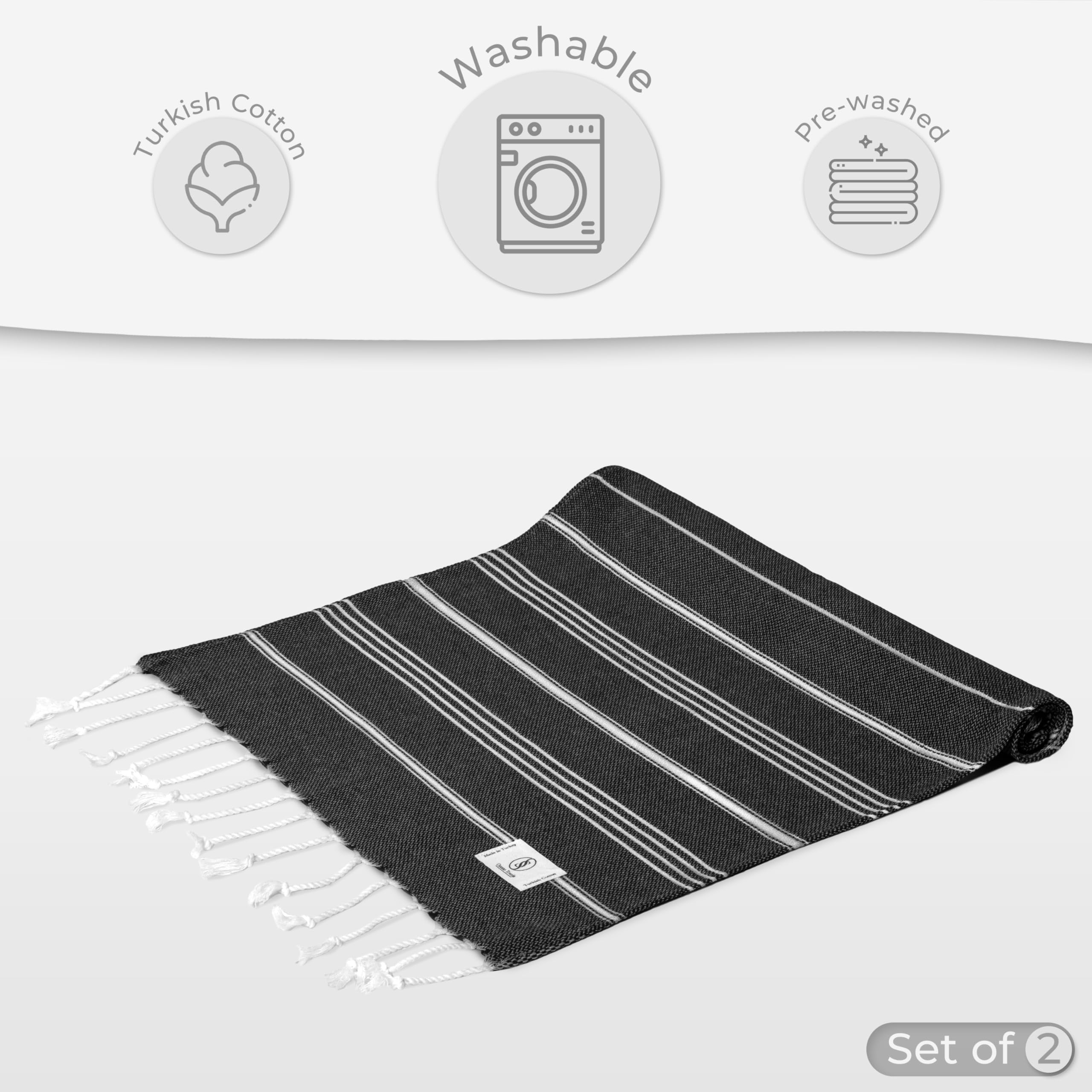Ossano Towels Classic Sultan Series - Juego de 2 toallas de mano turcas (18 x 40 pulgadas), color negro