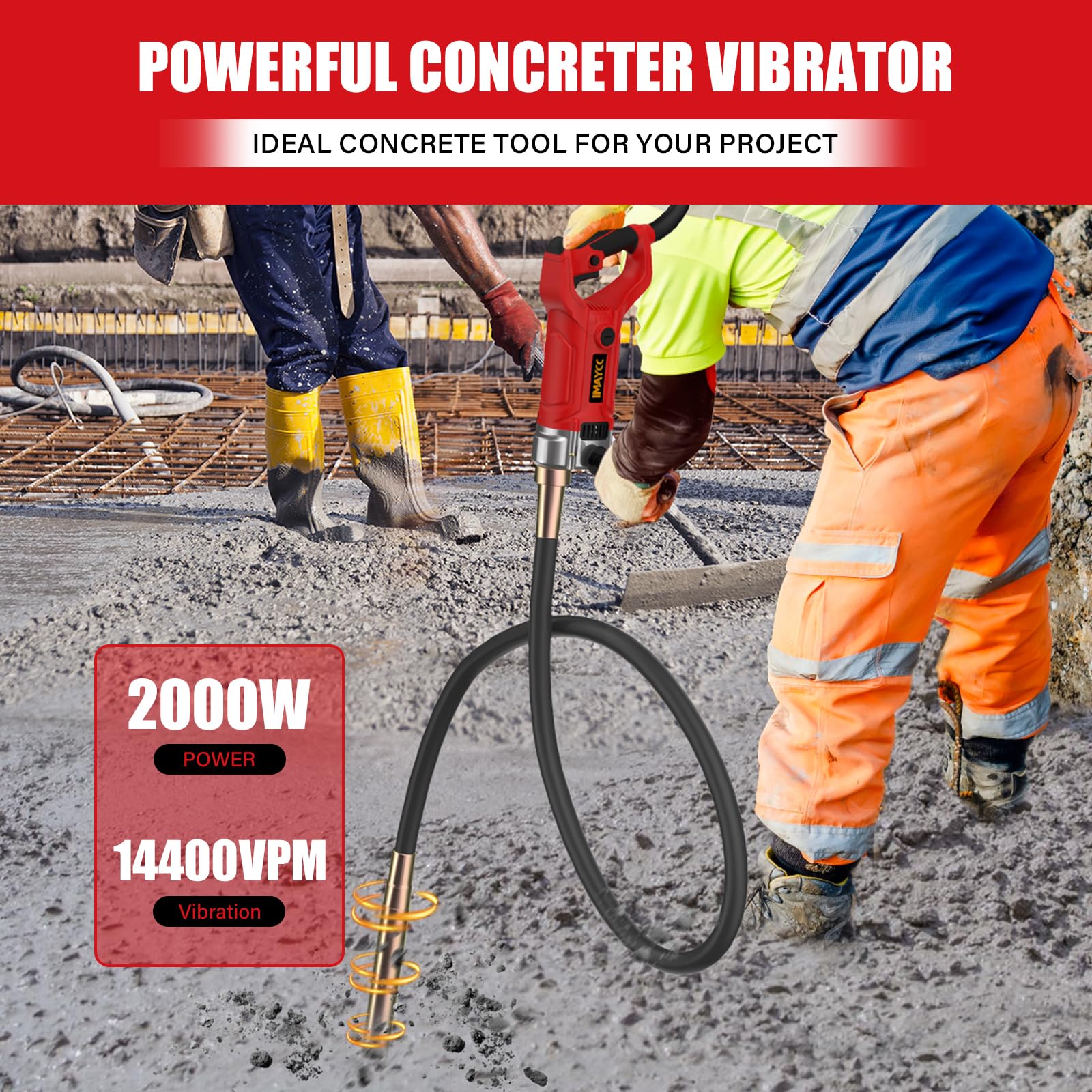 IMAYCC Elektrischer Betonrüttler, 2000W Innenrüttler Flaschenrüttler, 2M Vibrationsstablänge Betonvibrator, 4300U/min Rührwellendrehzahl, 38 mm Vibrationswellendurchmesser