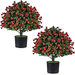 Goplus 21.5” Artificial Cedar Topiary Ball Tree, Set of 2 False Potted Plants Artificial Shrubs Bushes with Cement Pot, Fake Evergreen Artificial Topiary for Indoor Outdoor Home Front Porch Decor