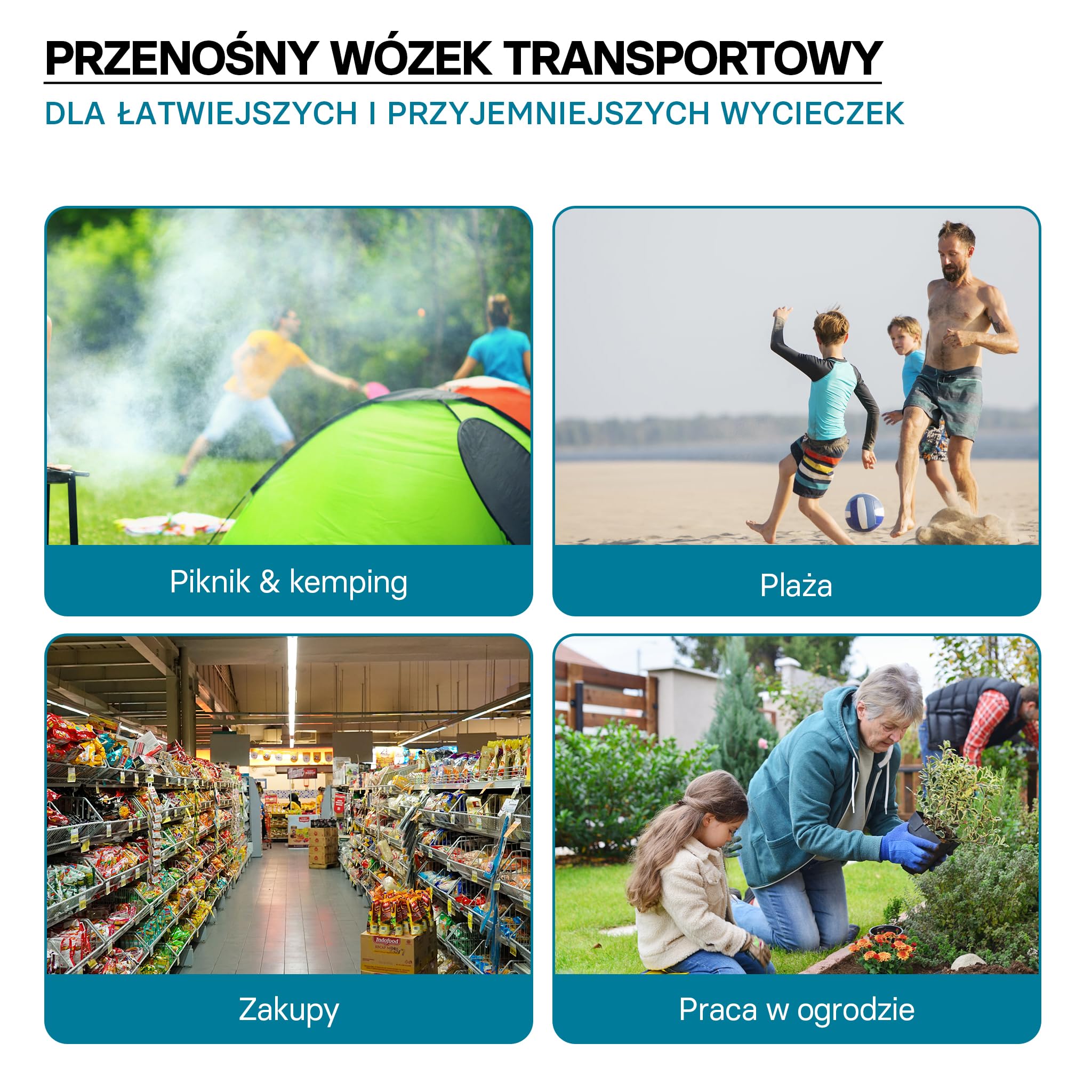 Wiltec Składany wózek transportowy czarny do 80 kg obciążenia, kompaktowa przyczepka kempingowa, solidny wózek terenowy, turystyczny, ogrodowy