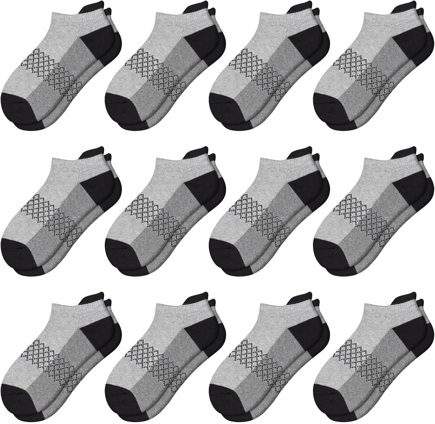 12 Pairs Boys Socks - 4-6, 6-8, 8-10 Years Old - Ankle Athletic Low Cut Socks - Half Cushioned Cotton